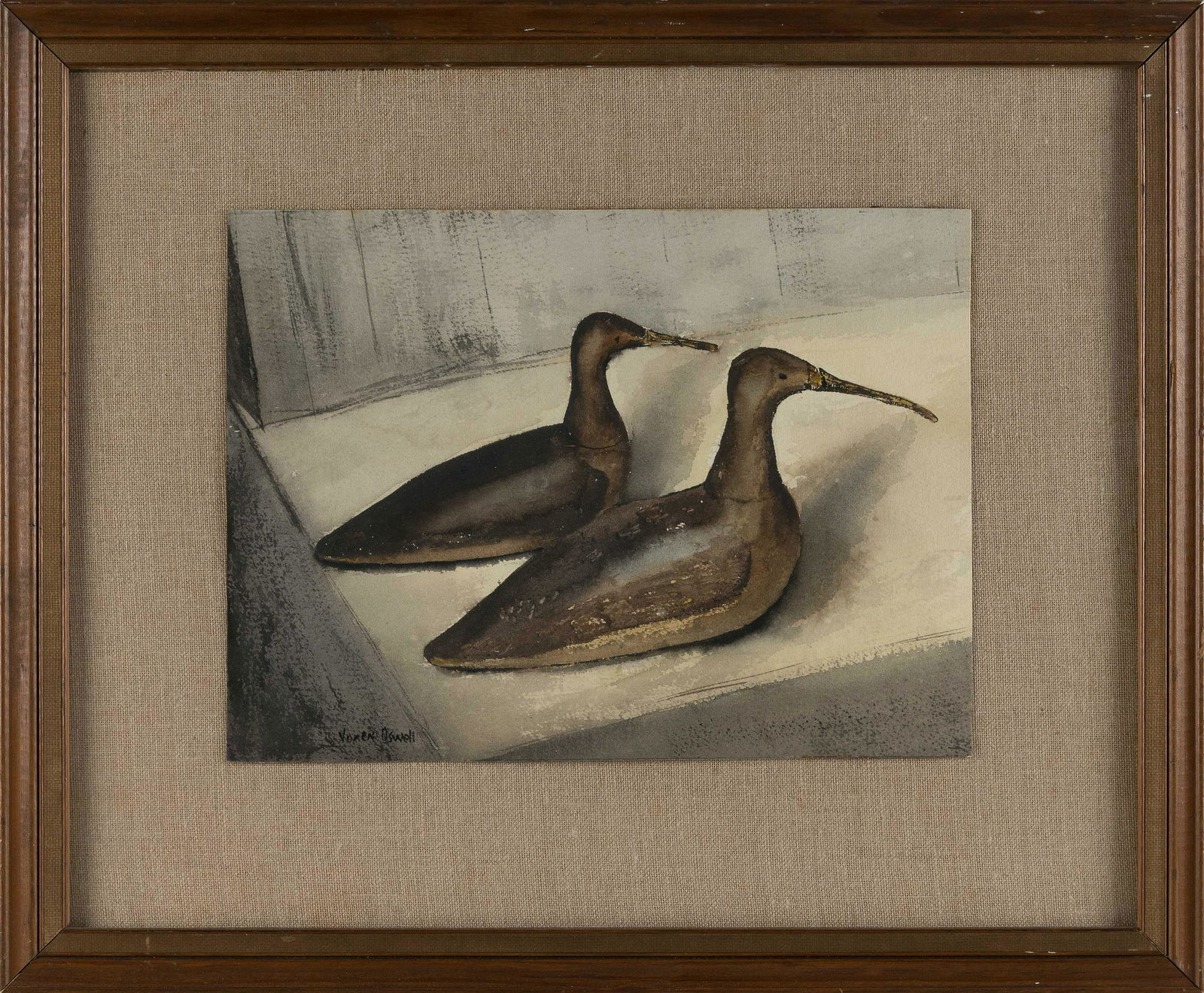 VIVIAN OSWELL (Massachusetts, Contemporary), Still life of two shorebird decoys., Watercolor on (1 of 2)