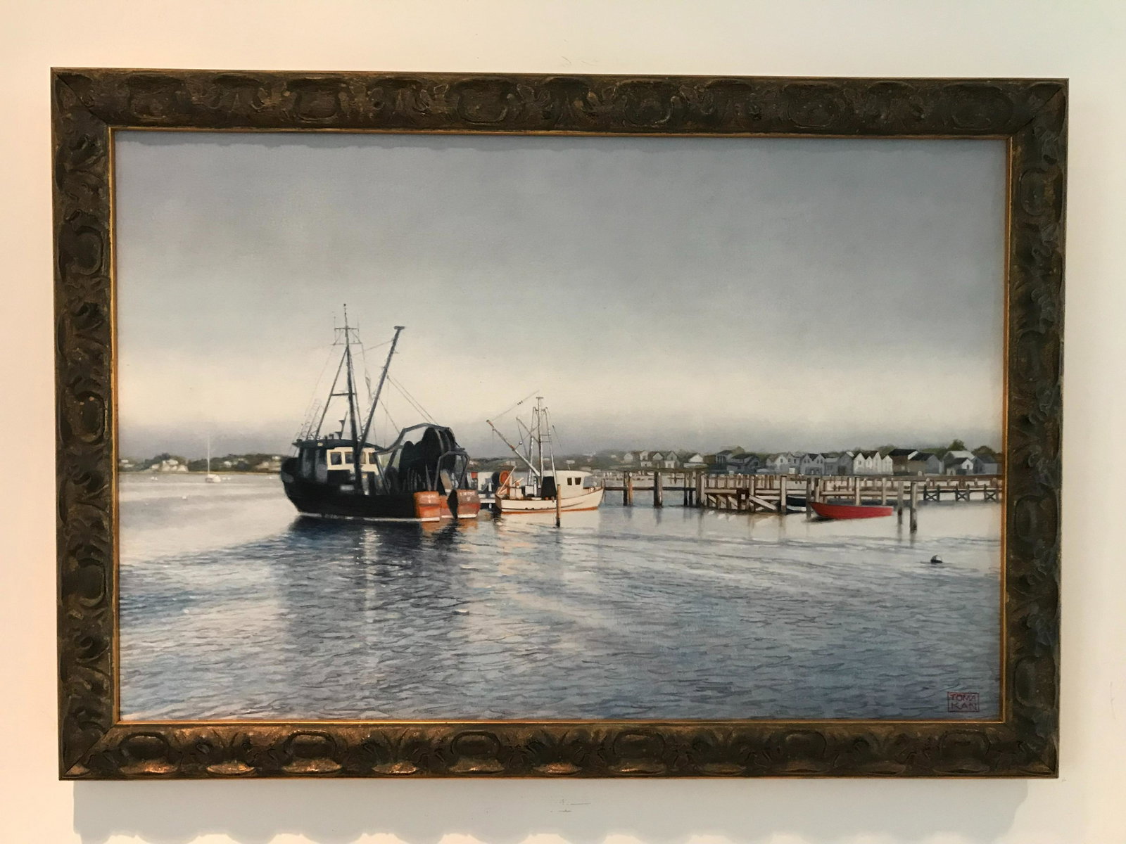 YASEMIN KYRENA TOMAKAN (Connecticut/Massachusetts/Turkey, 1958-), "Fishing Boats, Dockside: YASEMIN KYRENA TOMAKAN Connecticut/Massachusetts/Turkey, 1958- "Fishing Boats, Dockside Nantucket". Signed lower right “Tomakan”. 15.5” x 23.5”. Framed 19” x 27