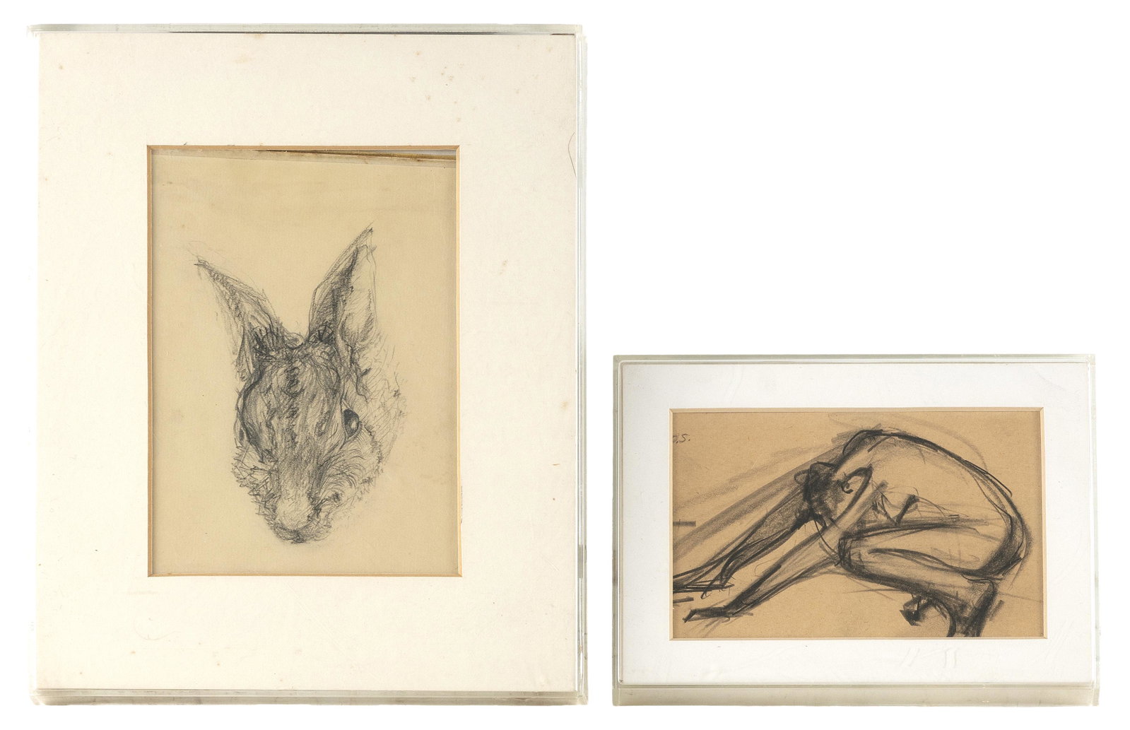 OLGA ITASCA SEARS (Massachusetts, 1906-1980), Two pencil studies:, Largest framed 10.25" x 8.25".: OLGA ITASCA SEARS Massachusetts, 1906-1980 Two pencil studies: 1) Rabbit's face. Signed lower right "Olga Sears". 6.5" x 4.5" sight. 2) Crouching nude. Signed upper left "O.S.