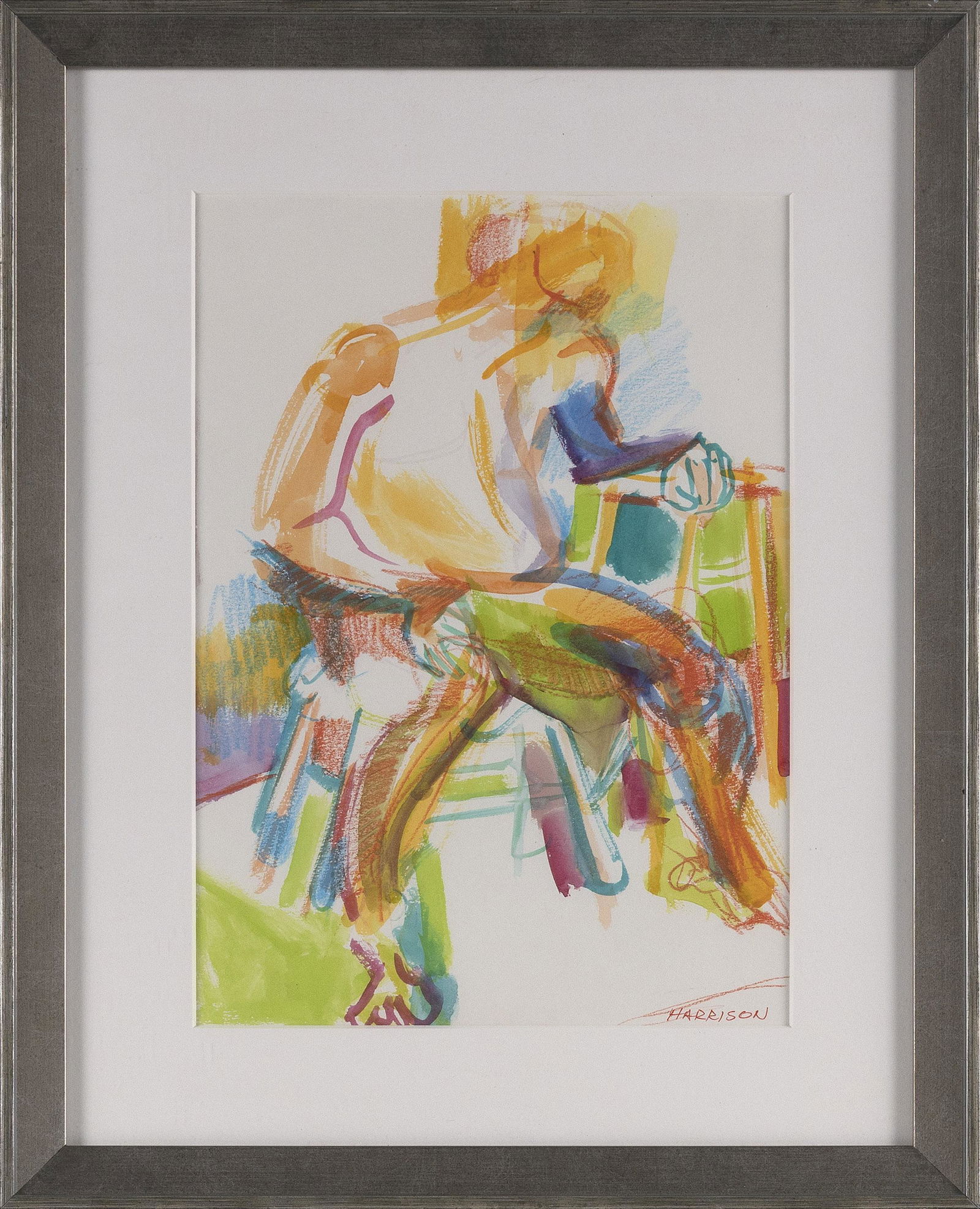MYRNA HARRISON (Arizona/Massachusetts, 1932-), “Seated Male Nude #4”., Watercolor, ink: MYRNA HARRISONArizona/Massachusetts, 1932-“Seated Male Nude #4”. Signed lower right “Harrison”. Titled and dated 1996 verso.Watercolor, ink and crayon on paper, 12” x 8.5
