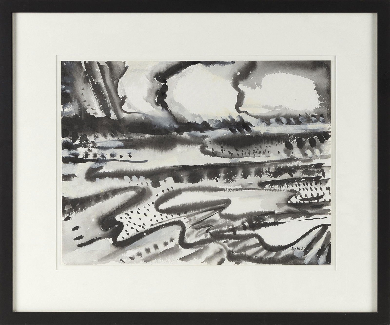 MYRNA HARRISON (Arizona/Massachusetts, 1932-), “Provincetown Bay #4”., Sumi ink and: MYRNA HARRISONArizona/Massachusetts, 1932-“Provincetown Bay #4”. Signed lower right “Harrison”. Titled on gallery label verso.Sumi ink and gouache, 12” x 17” sight.
