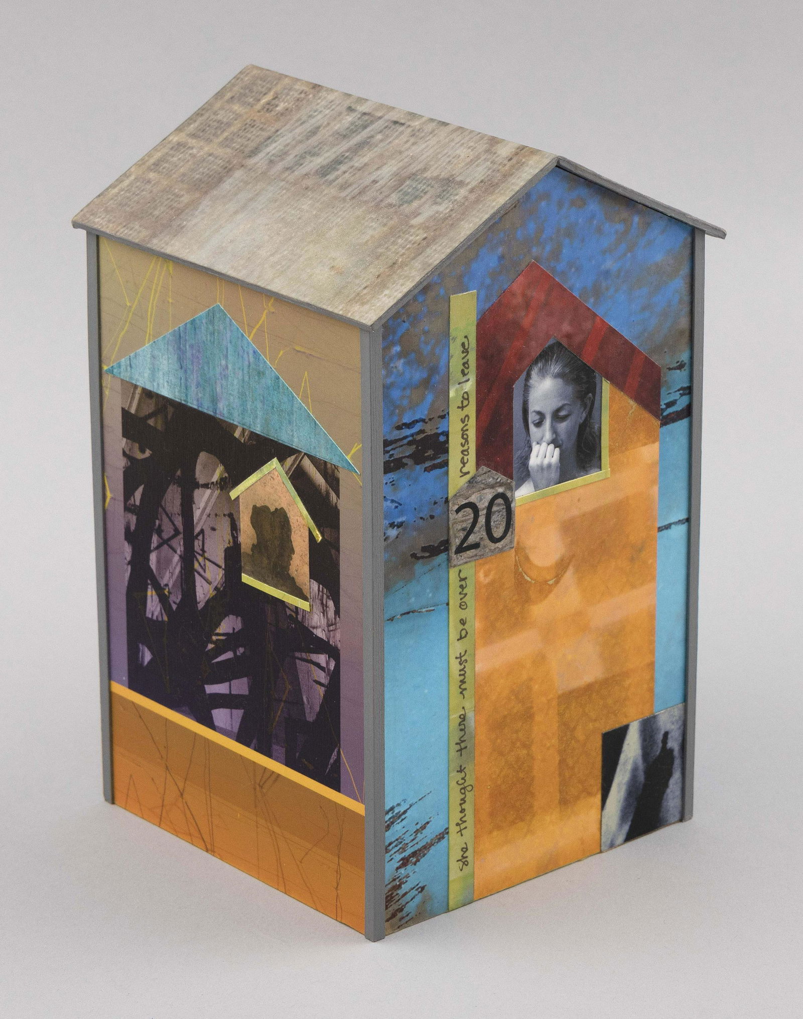 MARY DOERING (Massachusetts, Contemporary), “… Her Life was like a game of 20: MARY DOERINGMassachusetts, Contemporary“… Her Life was like a game of 20 questions…”. A mixed media assemblage of several photographic images decoupaged onto a wooden house. Si