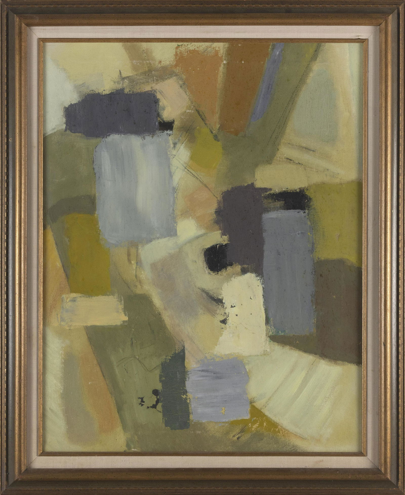 M. ZENA LESSER (Massachusetts, 1926-2022), Abstract in greens, yellows and grays., Oil on canvas, (1 of 2)