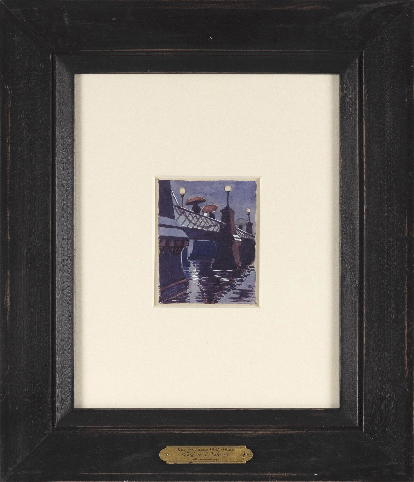 MARGARET JORDAN PATTERSON (Massachusetts, 1867/77-1950), “Rainy Day - Lagoon Bridge,: MARGARET JORDAN PATTERSON Massachusetts, 1867/77-1950 “Rainy Day - Lagoon Bridge, Boston”. Unsigned. Titled on gallery label verso. Watercolor on paper, 5.5” x 4.25” sight. Fra