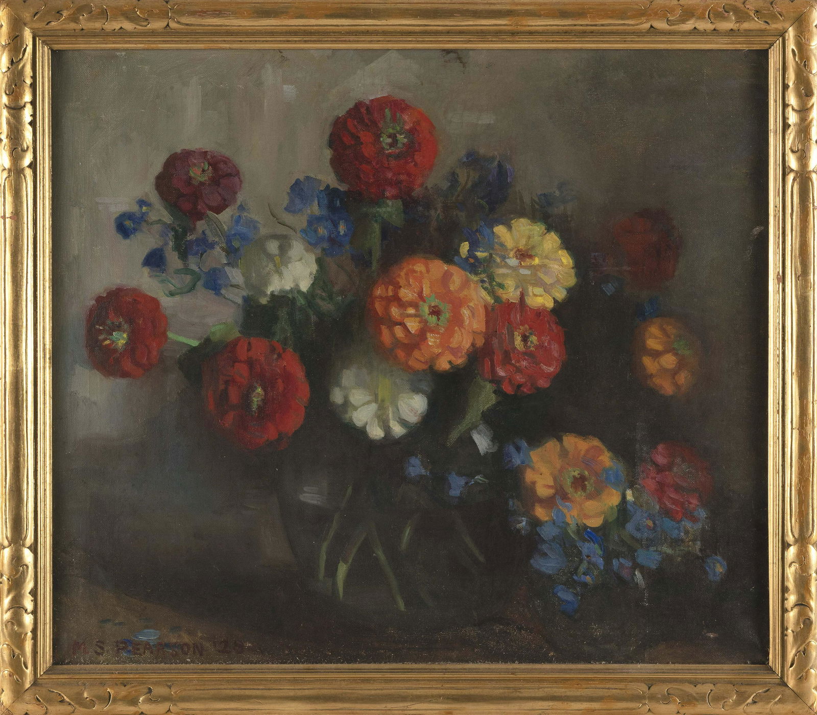 MARGUERITE STUBER PEARSON (Massachusetts, 1898-1978), Still life of zinnias and other flowers., Oil (1 of 2)