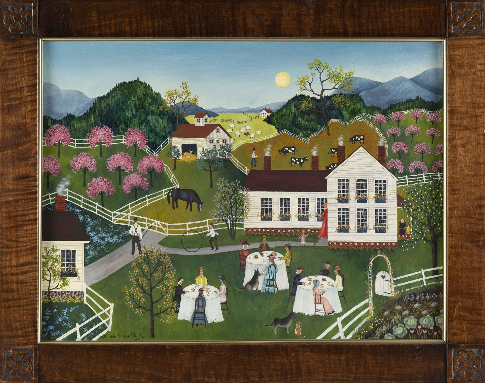 LINDA NELSON STOCKS (America, 1938-2011), "Lunch in the Country"., Oil on canvas, 20" x 24". Framed: LINDA NELSON STOCKS America, 1938-2011 "Lunch in the Country". Signed and dated lower left "Linda Nelson Stocks 1982". Titled within scene. Oil on canvas, 20" x 24". Fram