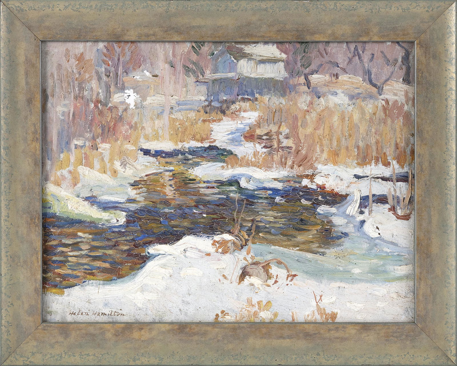 HELEN HAMILTON (New York, 1889-1970), Landscape with melting stream and distant house., Oil on (1 of 2)