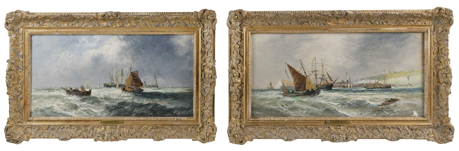 ERNEST LARA (United Kingdom, 1870-1940), Pair of maritime paintings: “Passing Storm” and: ERNEST LARA United Kingdom, 1870-1940 Pair of maritime paintings: “Passing Storm” and “In the Channel”. Both signed lower right “E. Lara”. Oils on canvas, 12”
