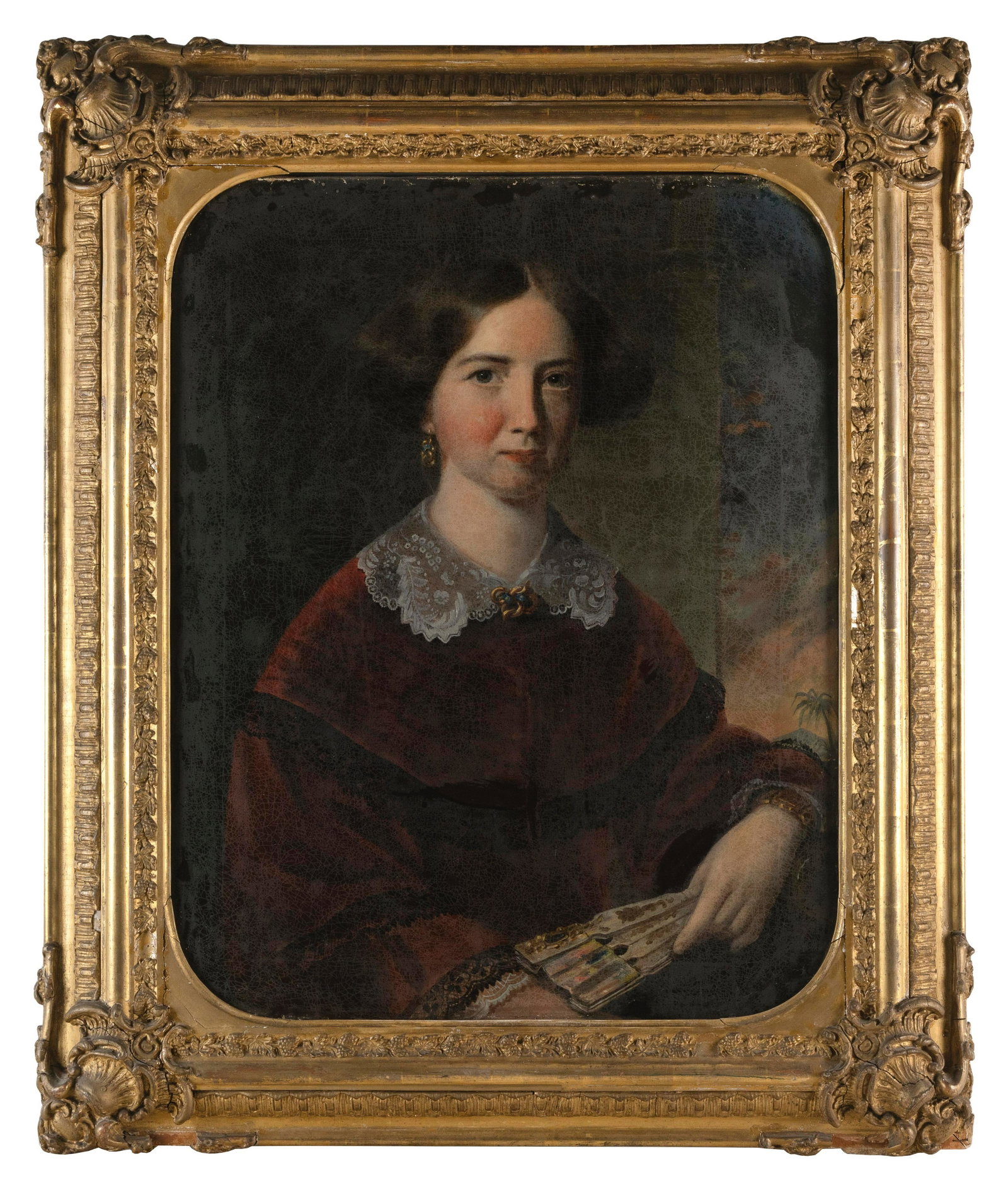 AMERICAN SCHOOL (19th Century,), Portrait of a seated woman holding a fan., Oil on canvas, 30”: AMERICAN SCHOOL 19th Century Portrait of a seated woman holding a fan. Unsigned. Oil on canvas, 30” x 24”. Framed 40” x 33”.