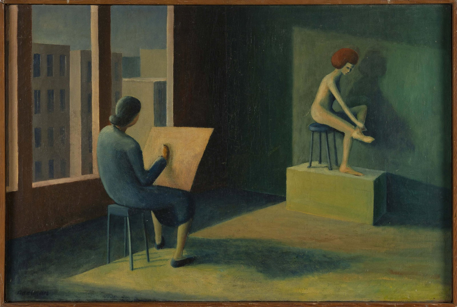 WILLIAM J. ADELMAN JR. (America, 1928-2014), Artist studio., Oil on canvas, 20” x 30”.: WILLIAM J. ADELMAN JR. America, 1928-2014 Artist studio. In the style of Grant Wood. Signed lower left. Oil on canvas, 20” x 30”. Framed 20.5” x 30.5”.