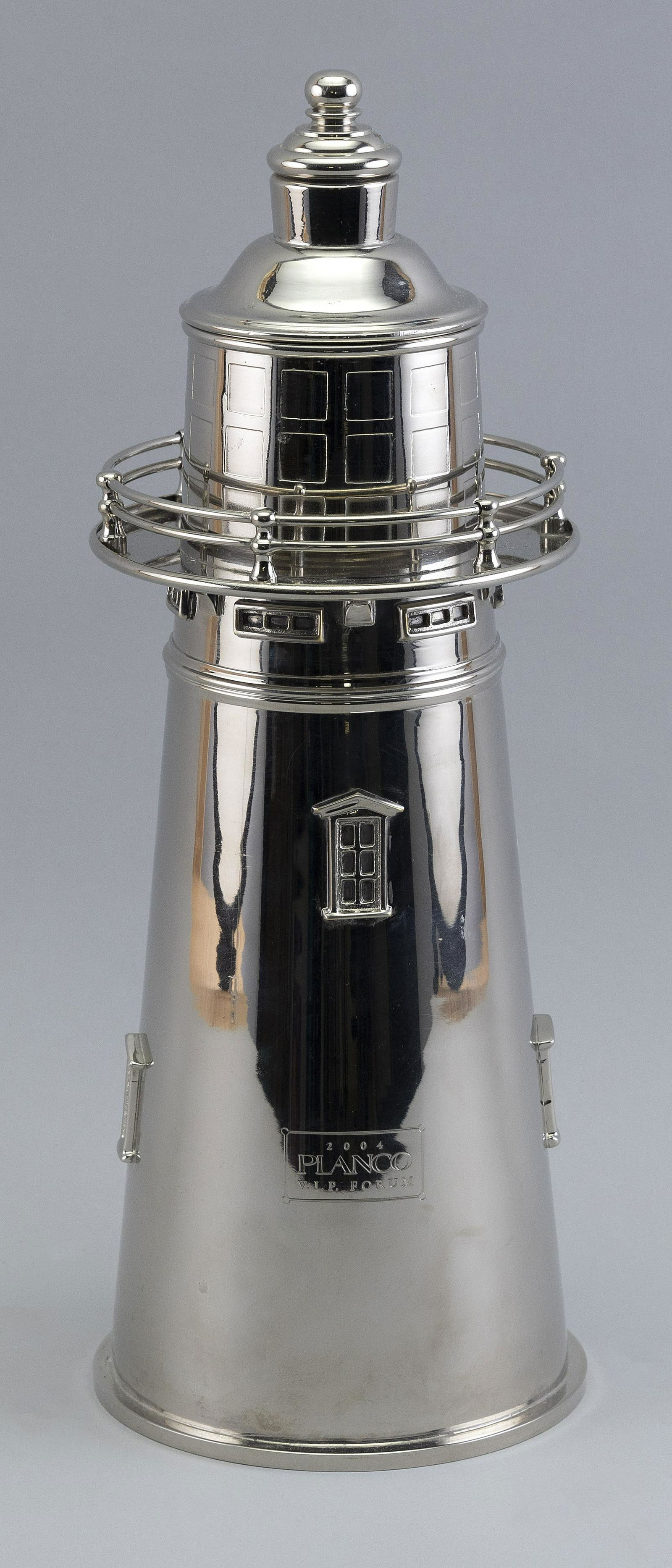 SILVER PLATED LIGHTHOUSE-FORM COCKTAIL SHAKER Contemporary Height 14”. (1 of 2)