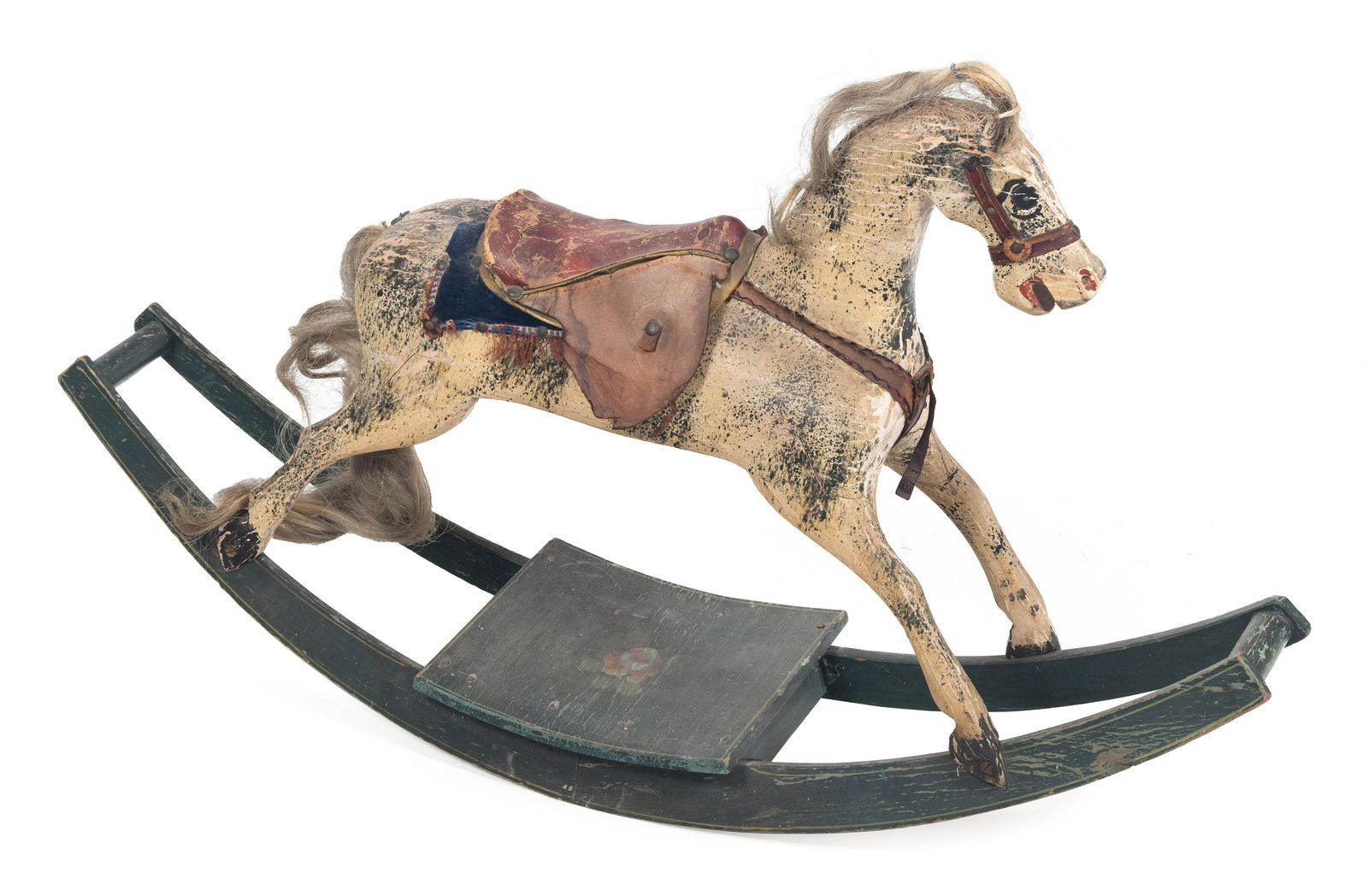 VINTAGE WOODEN ROCKING HORSE Height to top of head 26”. Overall length 46". Length of horse (1 of 2)
