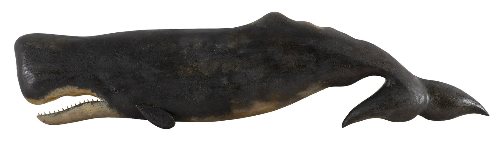 ROGER MICHELL CARVED WOODEN SPERM WHALE Contemporary Length 38”.: ROGER MICHELL CARVED WOODEN SPERM WHALE Contemporary With glass eye. Branded on back “R. Mitchell”. Length 38”.