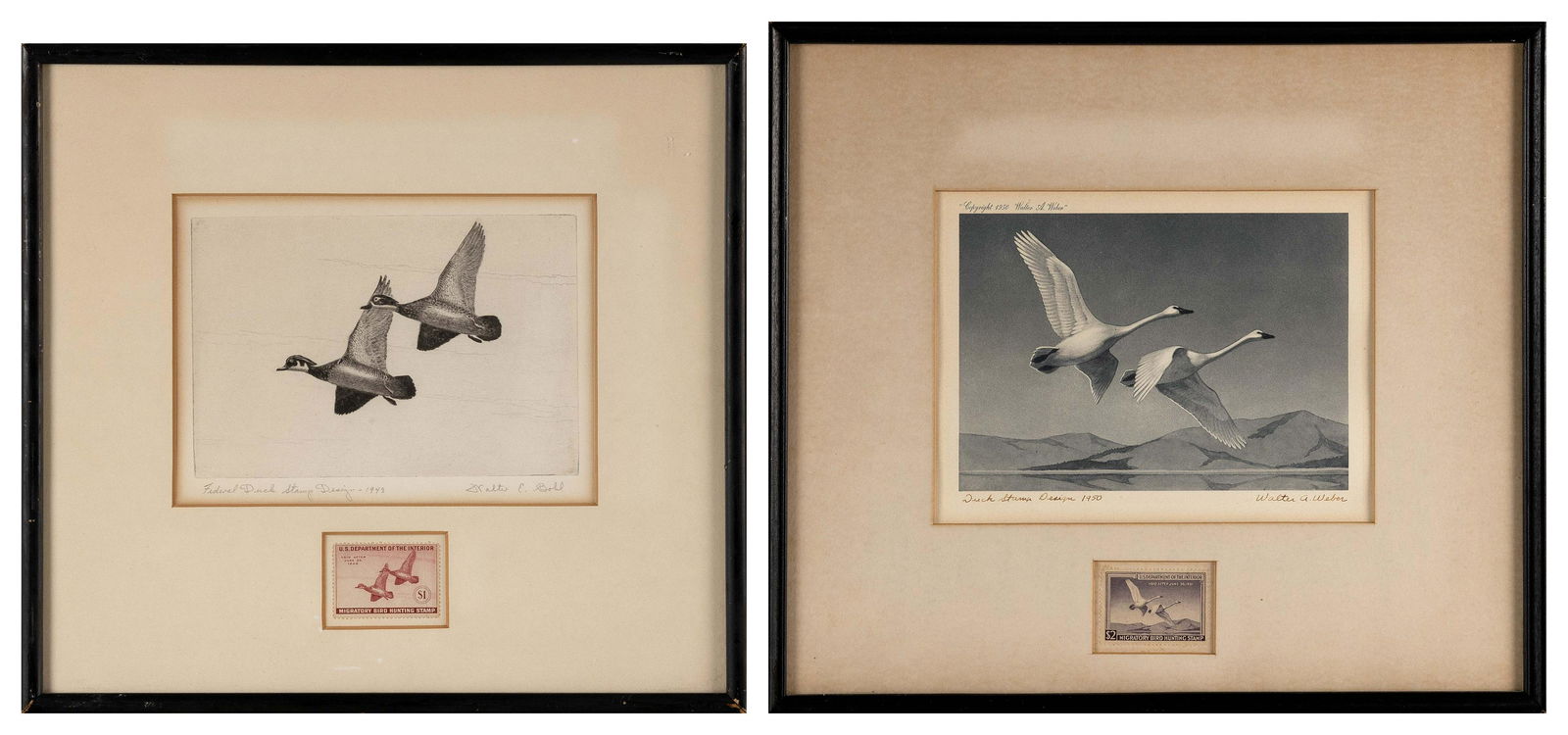 TWO FEDERAL DUCK STAMP PRINTS 1950 and 1943 Prints 5.5” x 7.5” and 6" x 8". Framed (1 of 2)