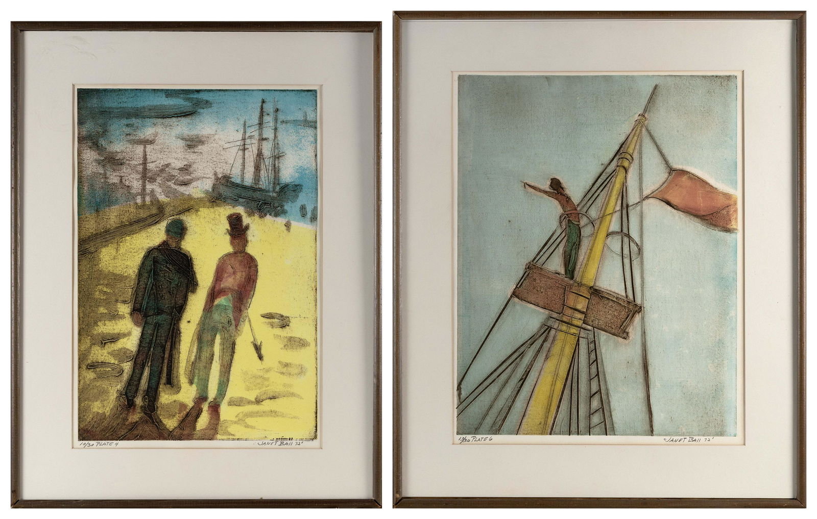 JANET BALL MCGLINN (Massachusetts, 1915-1988), "Queequeg" and "There! There! There!", both from the: JANET BALL MCGLINNMassachusetts, 1915-1988"Queequeg" and "There! There! There!", both from the "Moby-Dick" series. Both dated 1972. Signed in pencil lower right "Jan