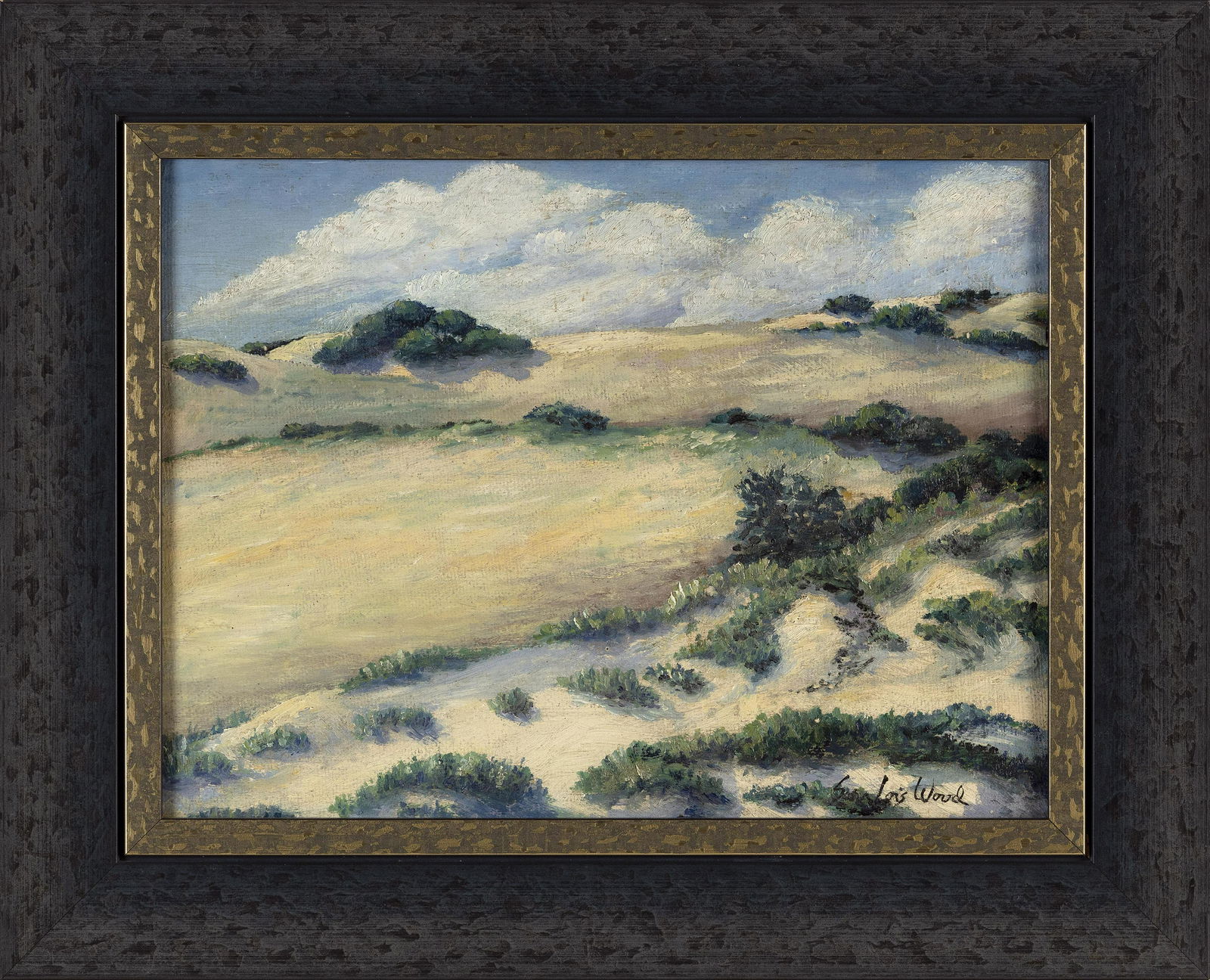 SARA (LOIS) WOOD (Massachusetts, 20th Century), “Sand Dunes, Back of Provincetown Near Race: SARA (LOIS) WOODMassachusetts, 20th Century“Sand Dunes, Back of Provincetown Near Race Point”. Signed lower right.Oil on masonite, 12” x 16”. Framed 17.25” x 21.25”