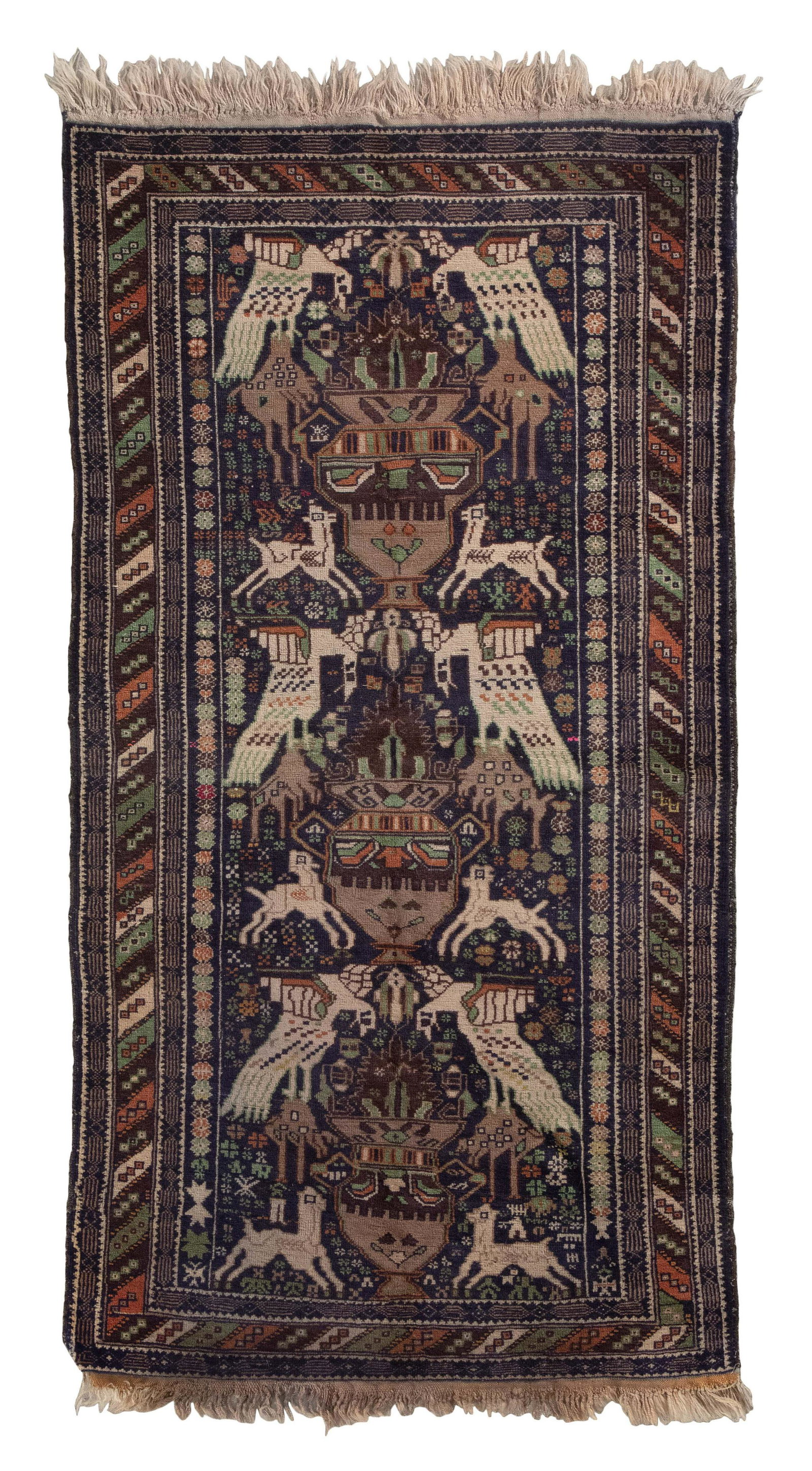 BELOUCH RUG: 3’4” X 6’7” Late 20th Century: BELOUCH RUG: 3’4” X 6’7” Late 20th Century Ivory and tan birds of prey vanquish their quarry and flank large tan, brown, green and copper ceremonial urns throughout the length 
