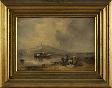 AFTER RICHARD P. BONINGTON (United Kingdom, 1802-1828), Coastal scene with figures on shore and in: RICHARD PARKES BONINGTON United Kingdom, 1802-1828 Coastal scene with figures on shore and in dories. Signed lower right "R.P. Bonington". Oil on canvas, 11" x 16". Framed 17.5" x 22.5".