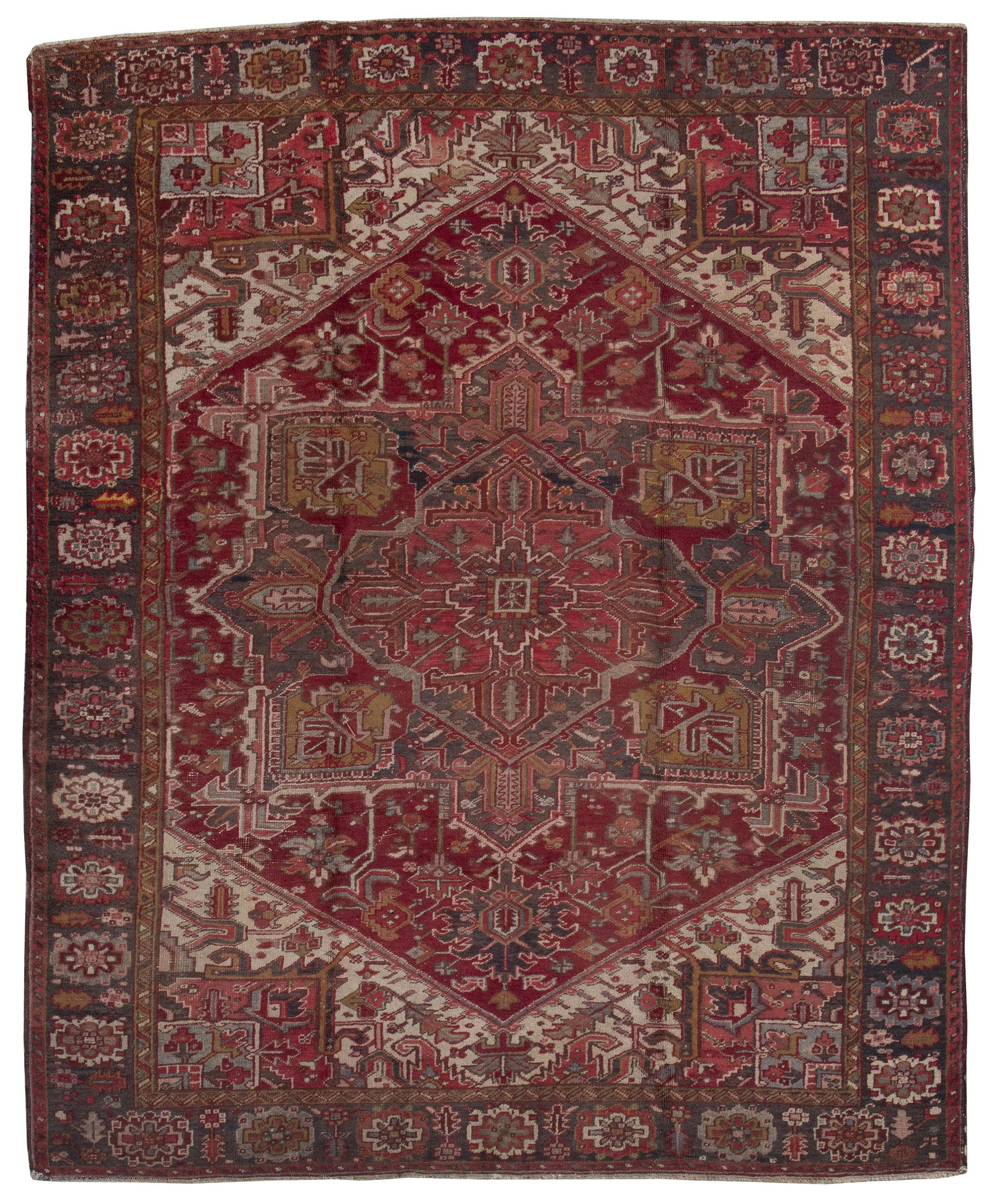 HERIZ RUG: 8’3” X 10’0” Mid-20th Century: HERIZ RUG: 8’3” X 10’0” Mid-20th Century An abrashed gray, red and gold central medallion suspends gray pendants on a red field. Ivory subfield with faded red and robin's-egg b