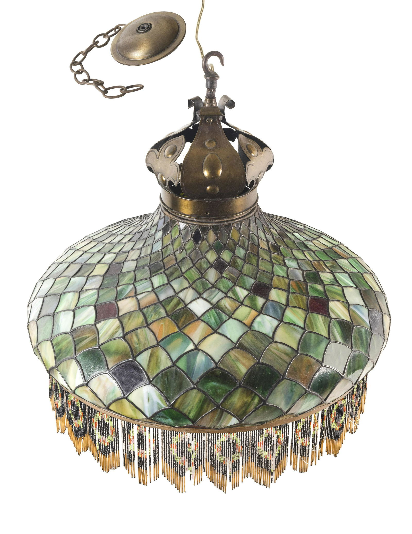 HANDEL LEADED GLASS HANGING LIGHT FIXTURE Early 20th Century Height 11”. Diameter 25”. (1 of 1)