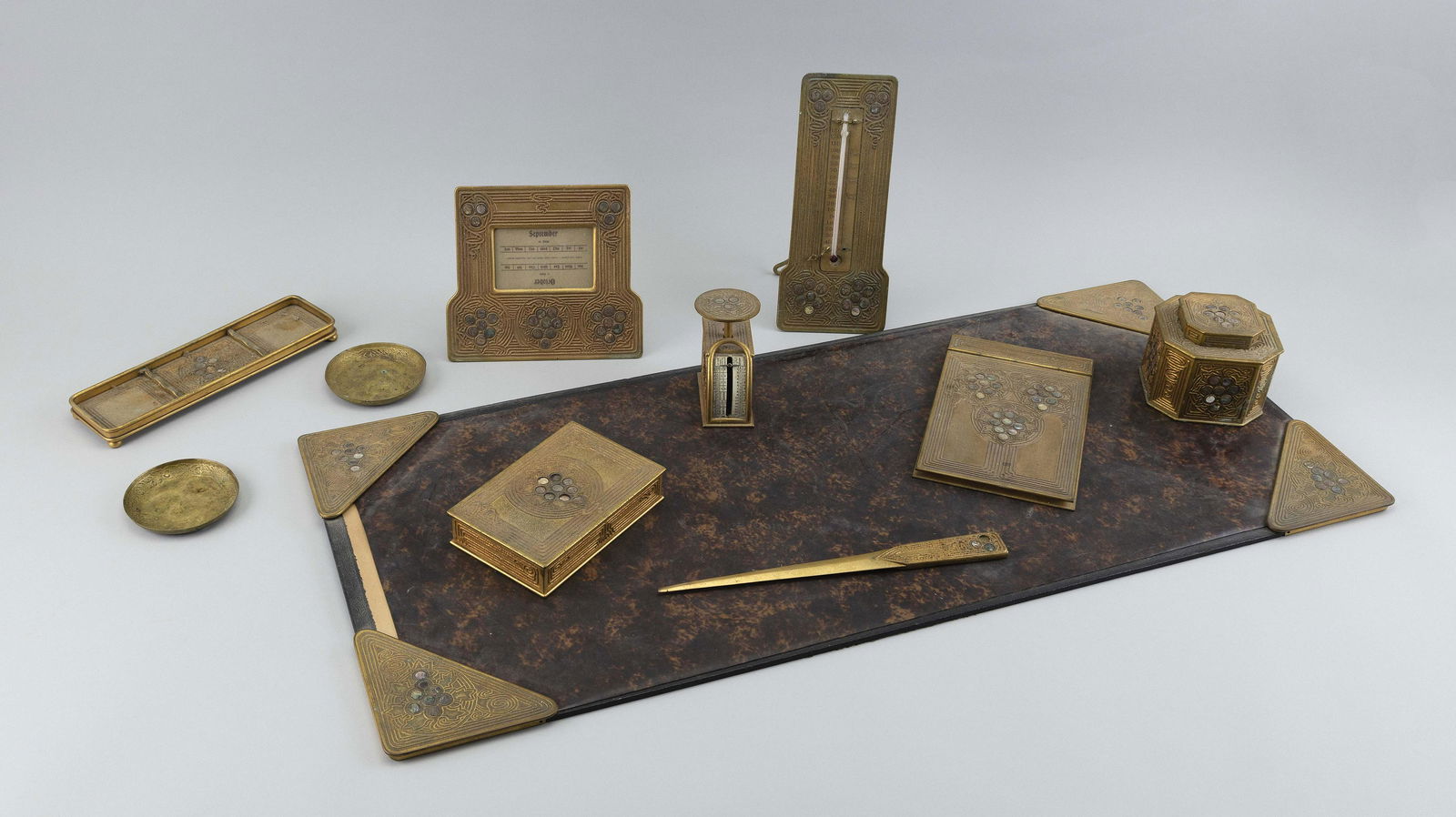 TIFFANY STUDIOS ABALONE PATTERN ELEVEN-PIECE DESK SET New York, Circa 1915 Thermometer height (1 of 1)