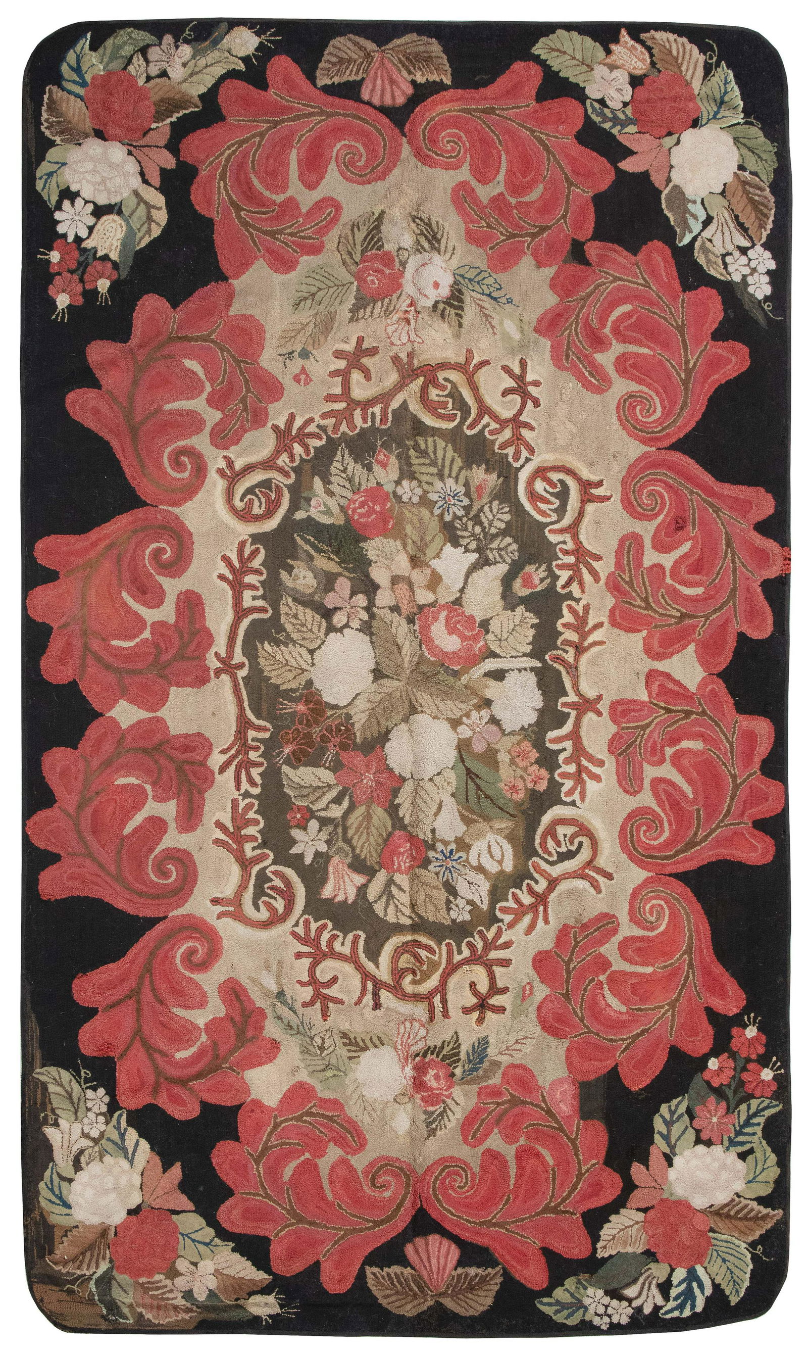 FLORAL DESIGN HOOKED RUG Early 20th Century 6’2” x 10’4”. (1 of 1)