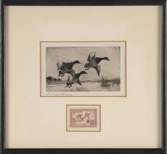 FRANK WESTON BENSON (Massachusetts, 1862-1951), Canvasbacks, circa 1936., Etching, 3.75” x: FRANK WESTON BENSONMassachusetts, 1862-1951Canvasbacks, circa 1936. Signed in pencil lower left "Frank Benson". A rare print. Housed in a common frame with an unused 1935-36 Federal duck sta