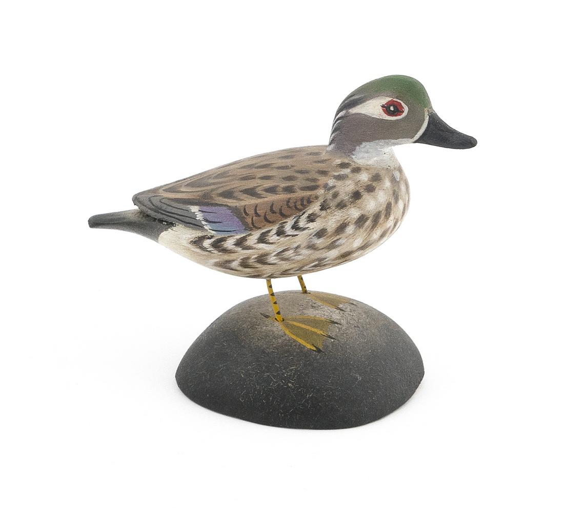 RARE A. ELMER CROWELL MINIATURE WOOD DUCK HEN East Harwich, Massachusetts, 1862-1952 Height 3”: RARE A. ELMER CROWELL MINIATURE WOOD DUCK HENEast Harwich, Massachusetts, 1862-1952Circa 1935. Mounted on a round base. Rectangular stamp.Height 3”.
