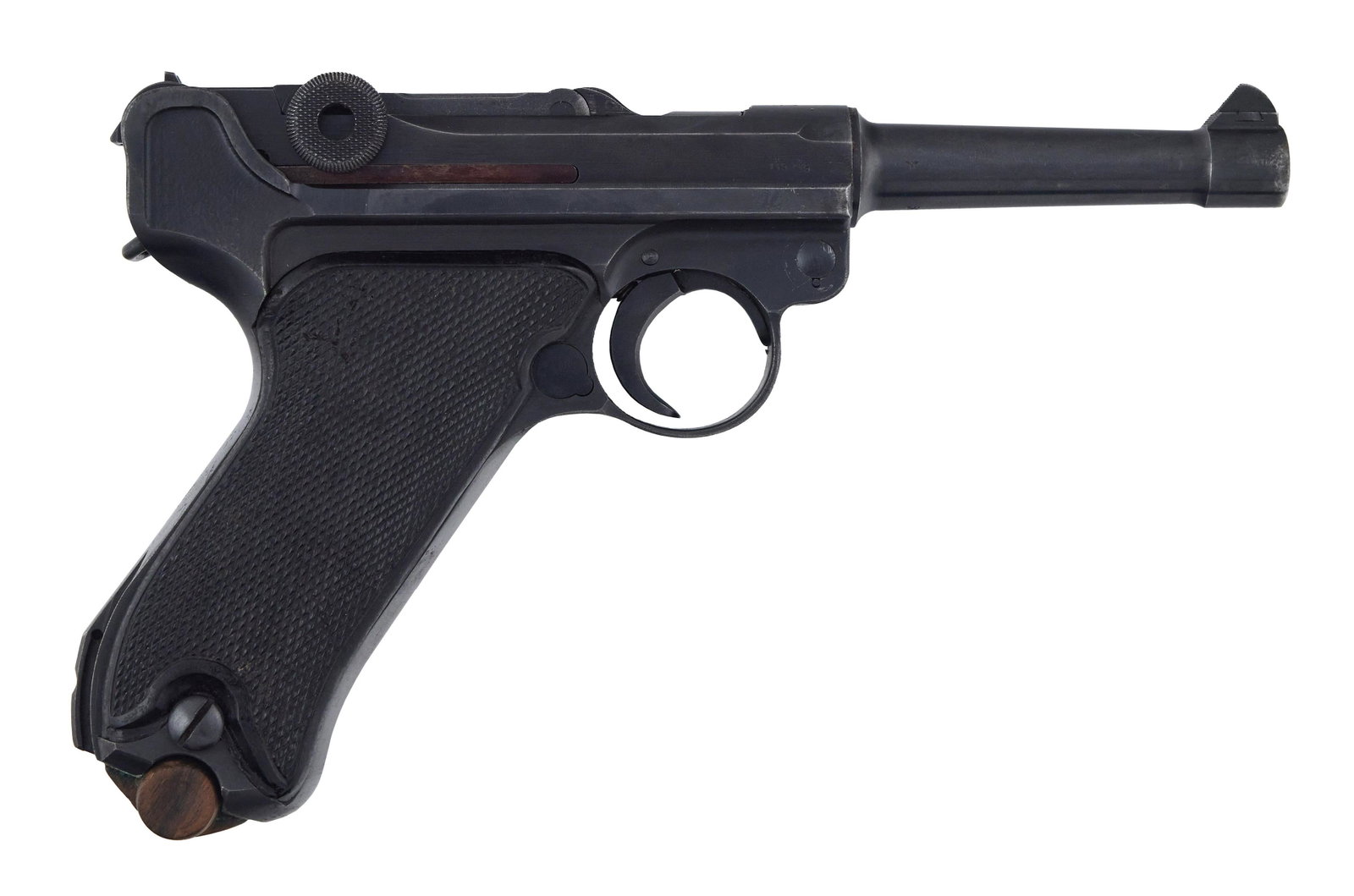 * GERMAN LUGER PISTOL Dated 1942 Length of barrel 4”. Total length 8.5”.: * GERMAN LUGER PISTOL Dated 1942 9mm, Serial #5676. Made by Mauser. Black plastic grips. Brown leather holster dated 1937. Includes three magazines with non-matching serial numbers and a takedown tool