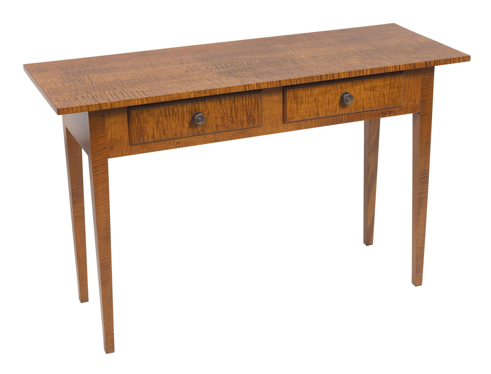 ELDRED WHEELER DIMINUTIVE SERVER Massachusetts, 20th Century Height 30”. Width 48”.: ELDRED WHEELER DIMINUTIVE SERVERMassachusetts, 20th CenturyIn tiger maple, with half drawers and tapered legs. Original Eldred Wheeler paper label inside a drawer.Height 30”. Width 48”. De