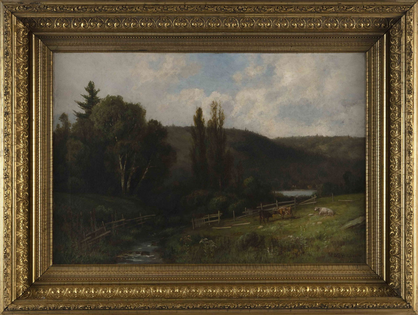 DANIEL FOLGER BIGELOW (Illinois, 1823-1910), Cattle grazing by a mountain river., Oil on canvas, 20" (1 of 2)