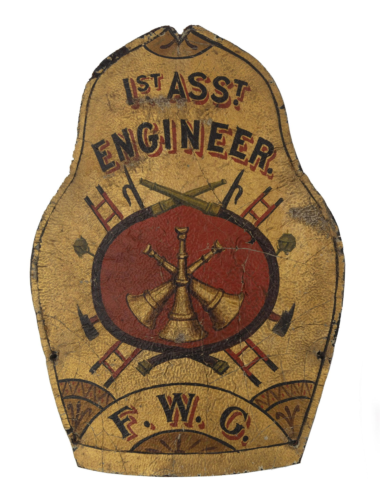 RARE PAINTED LEATHER FIRE HELMET SHIELD 19th Century Height 8”. (1 of 1)