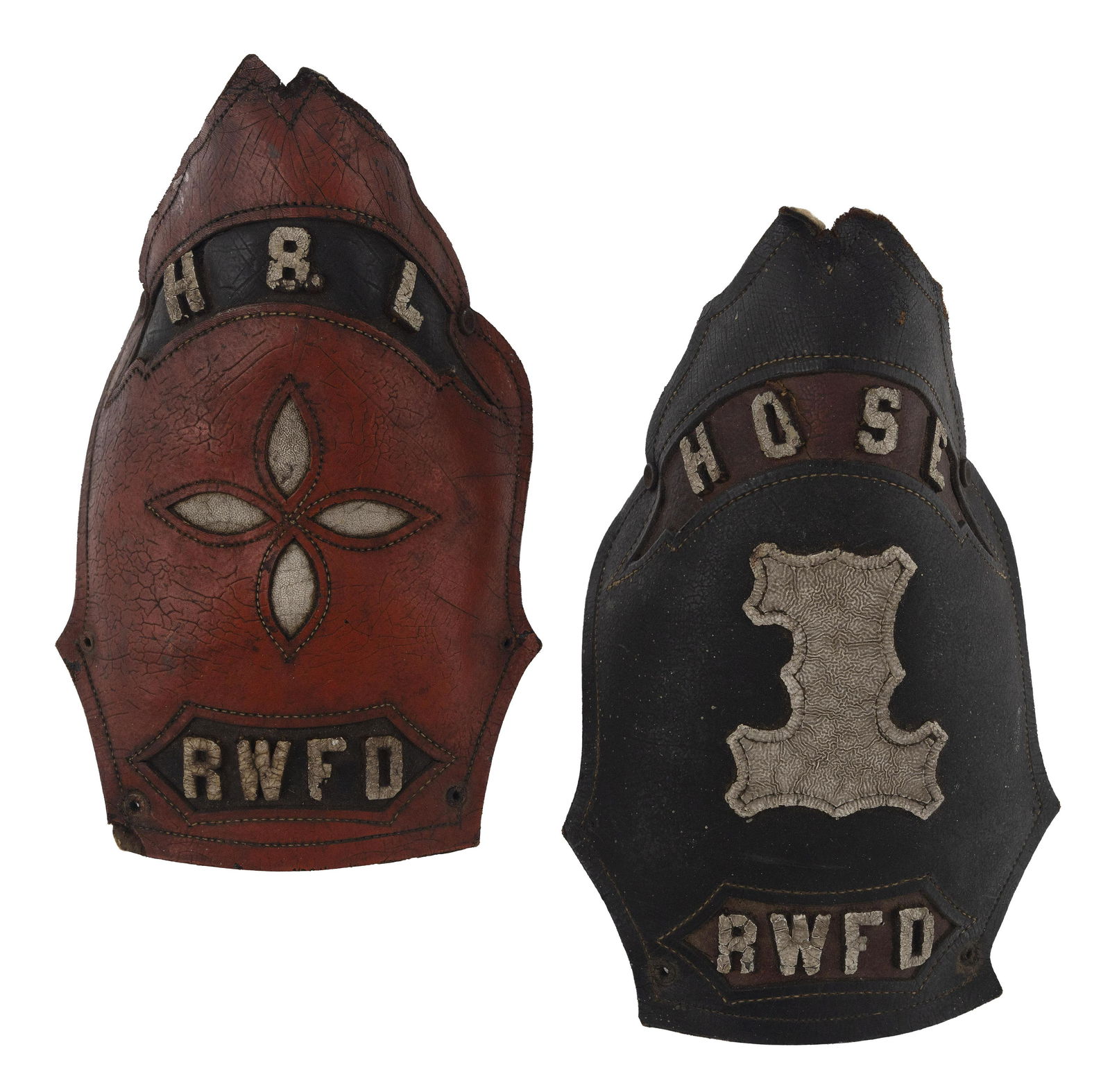 TWO LEATHER FIRE HELMET SHIELDS 19th Century Heights 7.5”. (1 of 1)