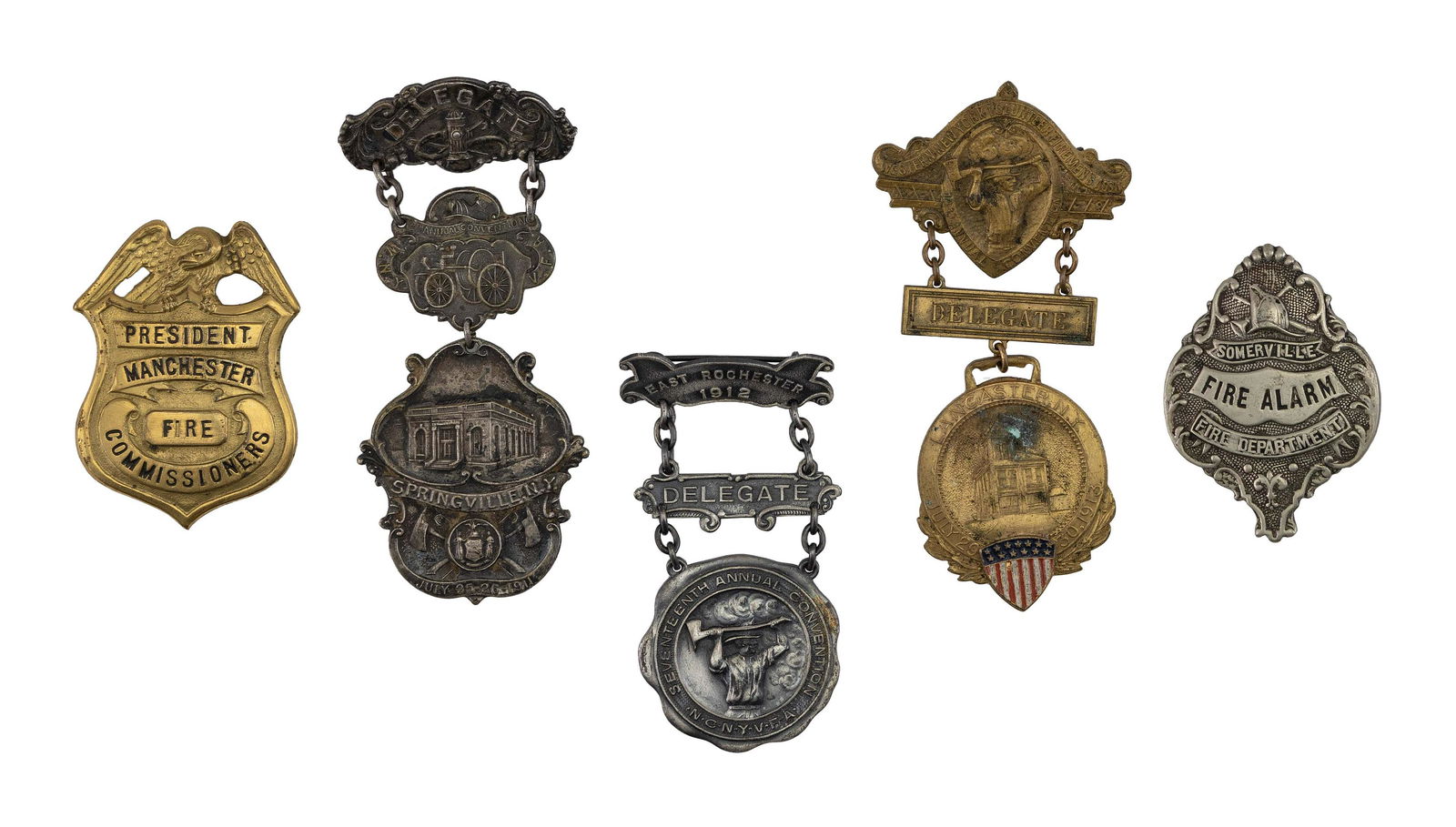 FIVE FIRE BADGES 19th/Early 20th Century Heights from 2.5” to 4”. (1 of 1)