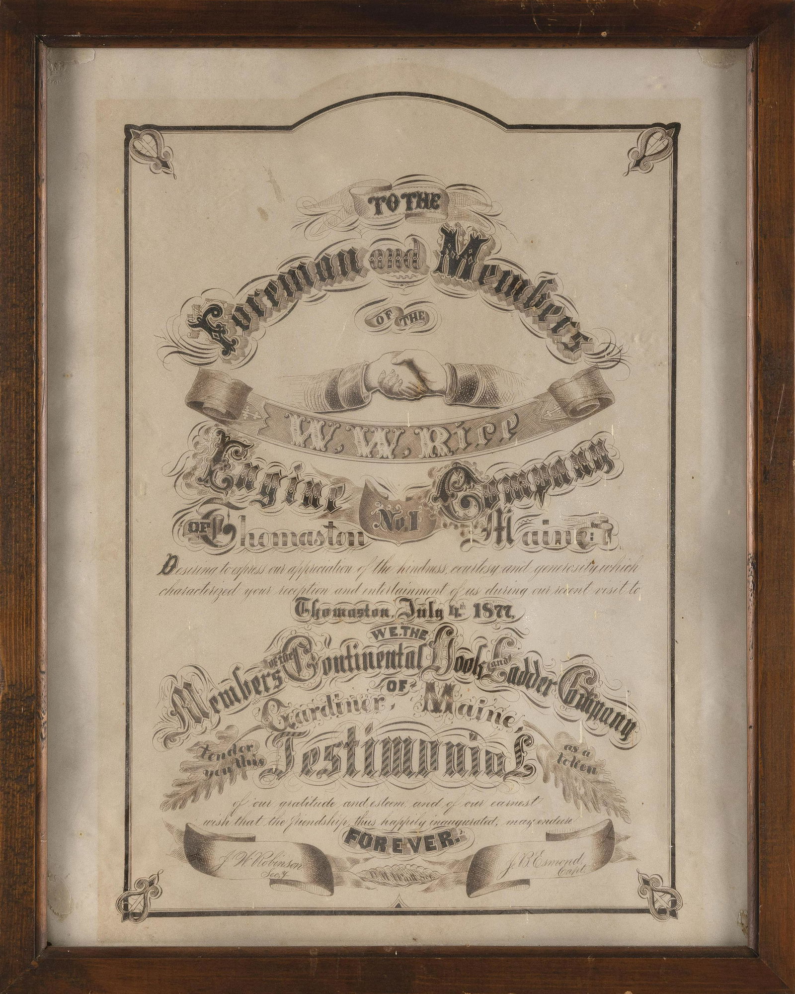 MAINE FIRE DEPARTMENT TESTIMONIAL CALLIGRAPHY Framed 19.75” x 15.75”. (1 of 2)