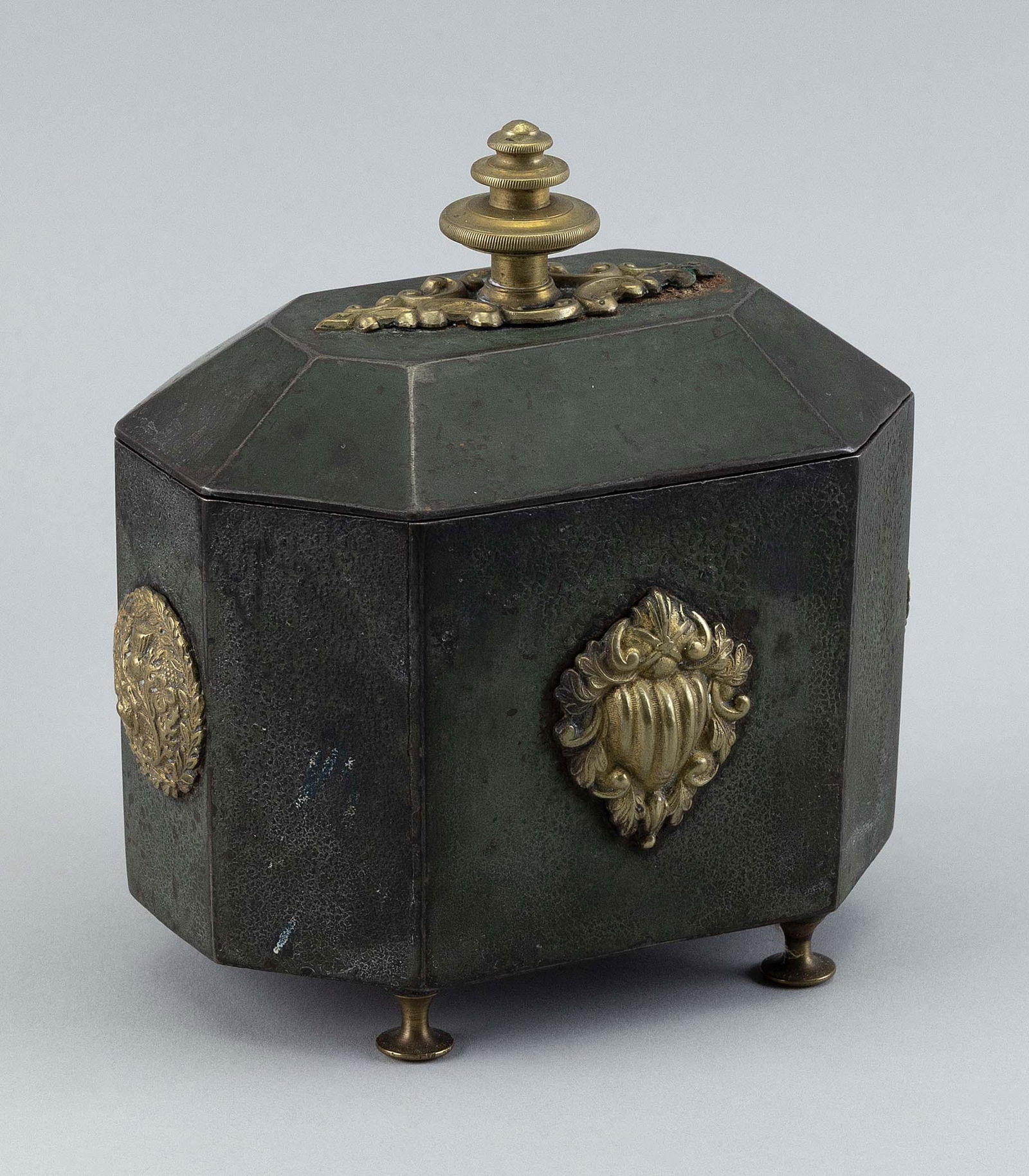 ENGLISH CAST IRON OCTAGONAL TEA CADDY First Half of the 19th Century Height 5.75”. Width (1 of 2)