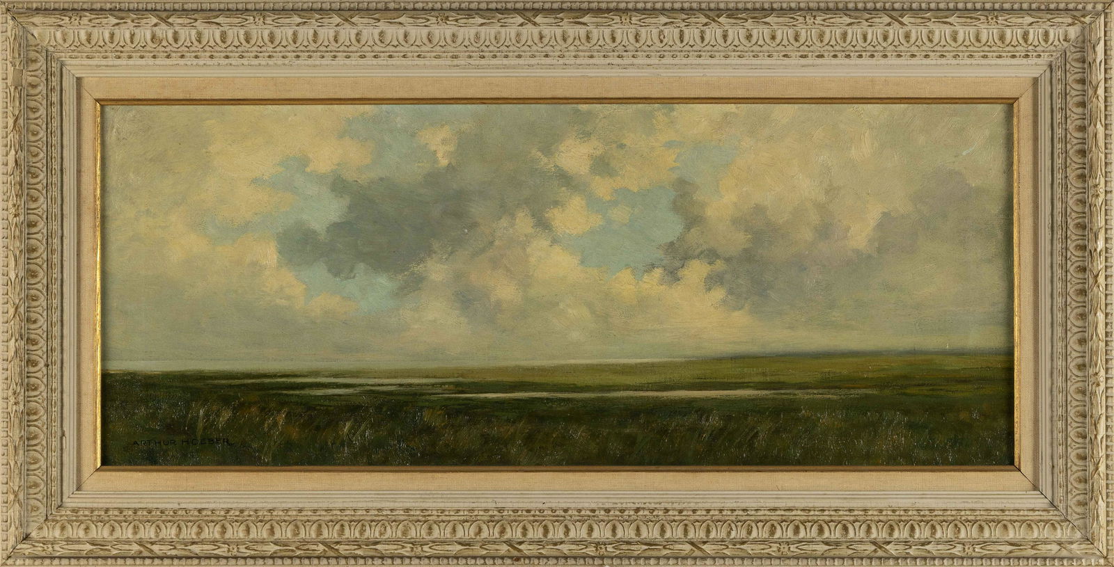 ARTHUR HOEBER (New Jersey/New York, 1854-1915), “September Evening Cape Cod”., Oil on: ARTHUR HOEBERNew Jersey/New York, 1854-1915“September Evening Cape Cod”. Signed lower left “Arthur Hoeber”. Titled verso.Oil on canvas, 12” x 30.5”. Framed 18”