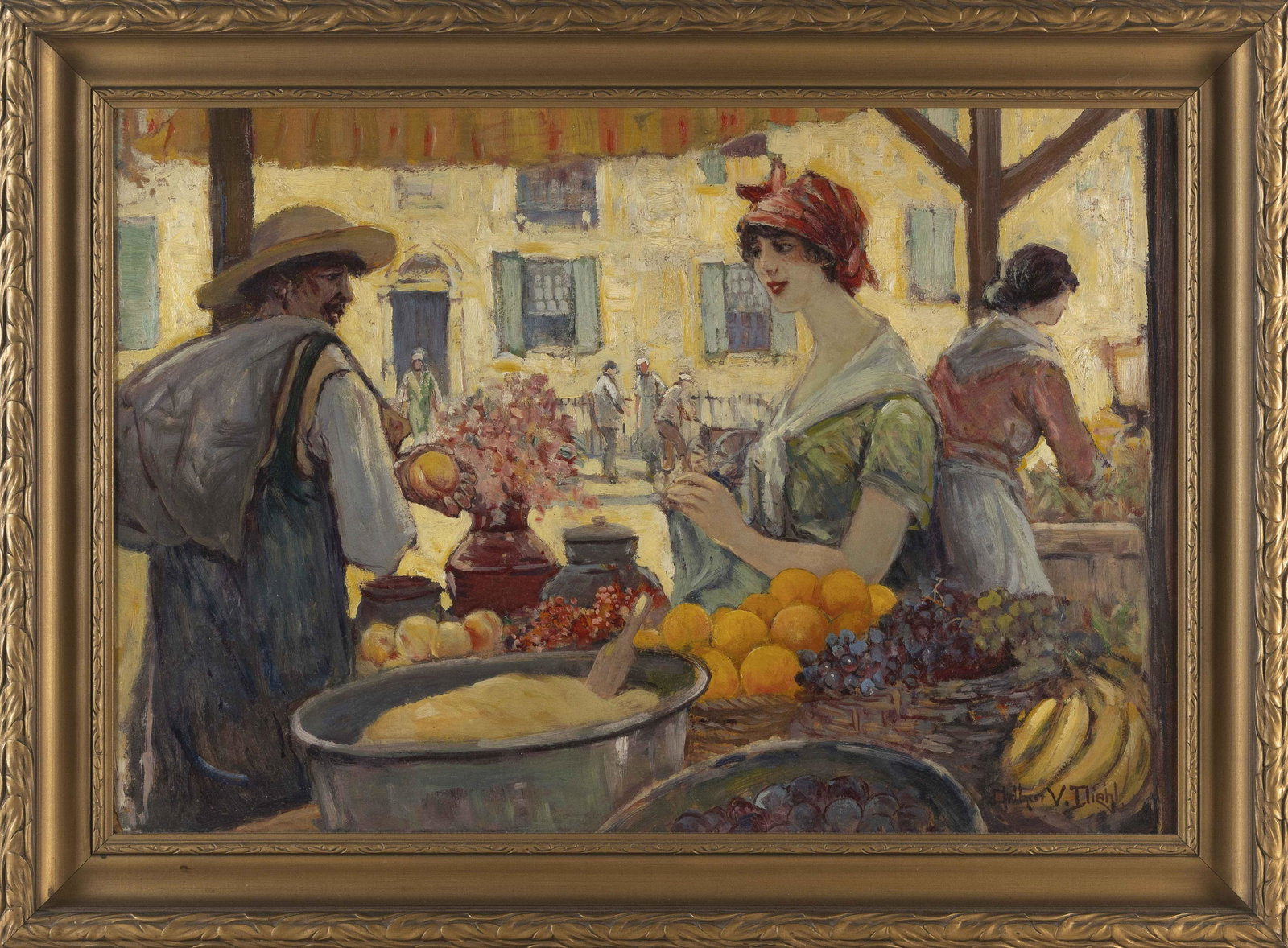 ARTHUR VIDAL DIEHL (Massachusetts/New York/England, 1870-1929), Market scene., Oil on board,: ARTHUR VIDAL DIEHL Massachusetts/New York/England, 1870-1929 Market scene. Signed lower right “Arthur V Diehl”. Oil on board, 20” x 30”. Framed 25.75” x 35.25”.