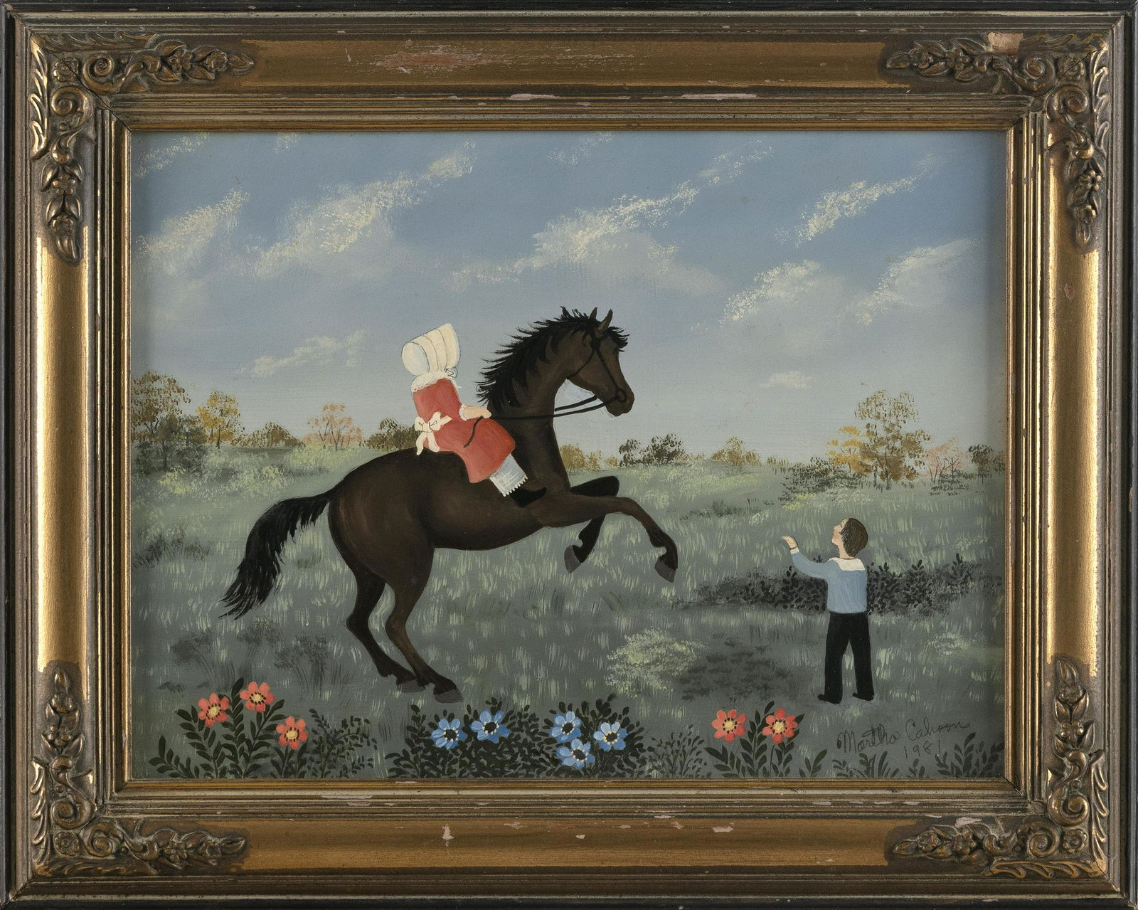 MARTHA FARHAM CAHOON (Massachusetts, 1905-1999), "Sunbonnet Girl"., Oil on board, 9" x 12". Framed: MARTHA FARHAM CAHOONMassachusetts, 1905-1999"Sunbonnet Girl". Signed and dated lower right "Martha Cahoon 1981". Titled on card verso. Marked on frame verso "December 22, 1981