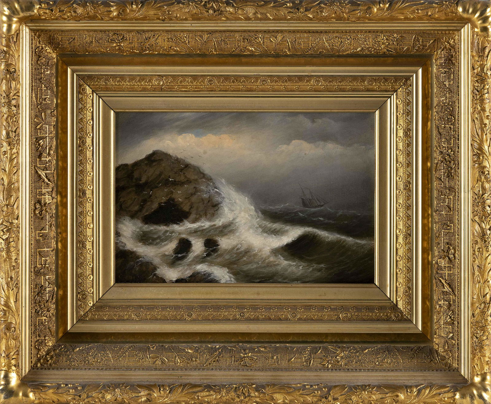 CLEMENT DREW (Massachusetts, 1806-1889), Rocky seascape., Oil on canvas, 8” x 12”.: CLEMENT DREWMassachusetts, 1806-1889Rocky seascape. Signed lower left “C. Drew”. Housed in a fine period frame.Oil on canvas, 8” x 12”. Framed 17.5” x 21.5”.