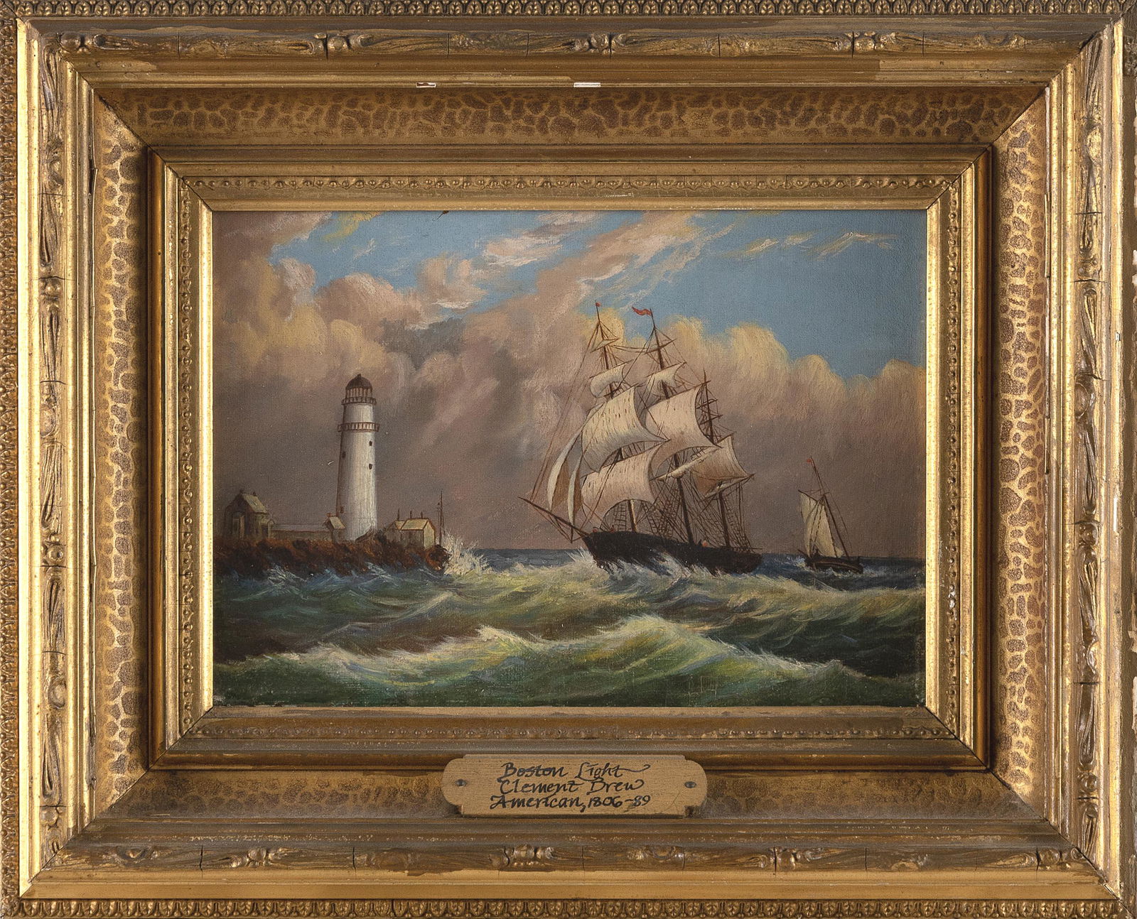SCHOOL OF CLEMENT DREW (America, 19th Century), Ship off Boston Light., Oil on canvas, 6" x 9".: SCHOOL OF CLEMENT DREWAmerica, 19th CenturyShip off Boston Light. Unsigned. Frame plaque attributes the work to Clement Drew, but in the cataloger's opinion this is more likely by a follower of Drew.O