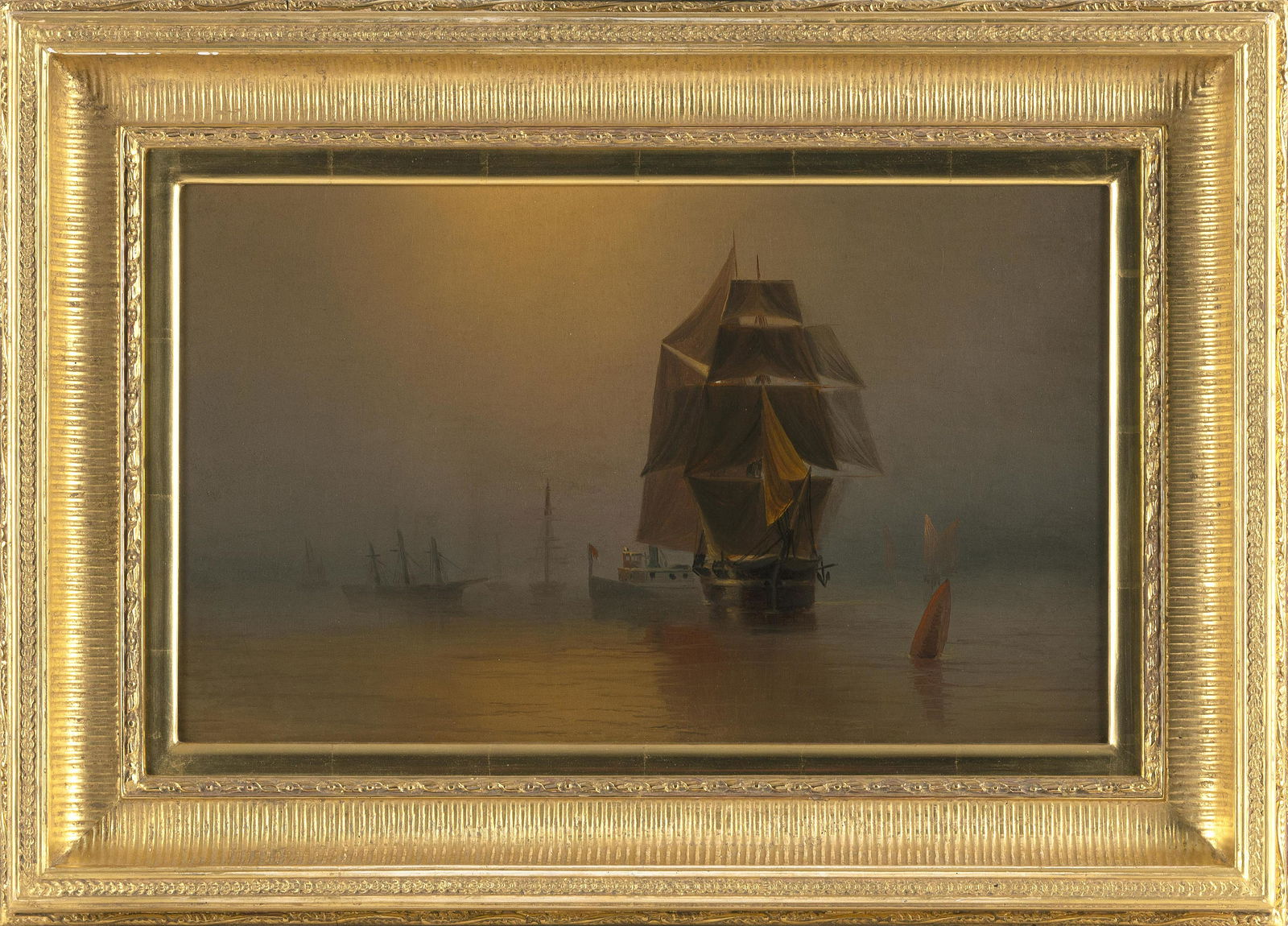 ELISHA TAYLOR BAKER (New York/Connecticut, 1827-1890), "View of New London Harbor in the Fog"., Oil: ELISHA TAYLOR BAKERNew York/Connecticut, 1827-1890"View of New London Harbor in the Fog". Unsigned.Oil on canvas, 12" x 20". Framed 19.25" x 27". Provenance:Frederick Eli