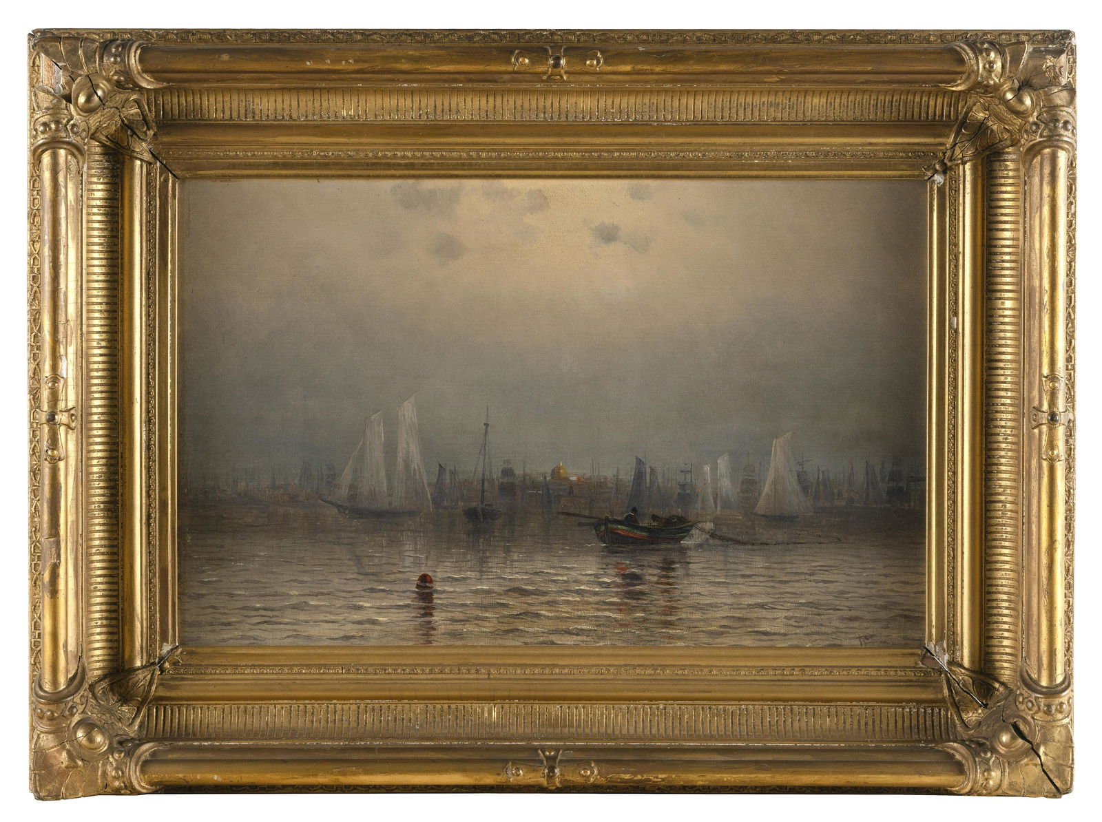 FRANK SNOWE (America, 19th Century), Boston Harbor with the Statehouse in the background., Oil on (1 of 2)