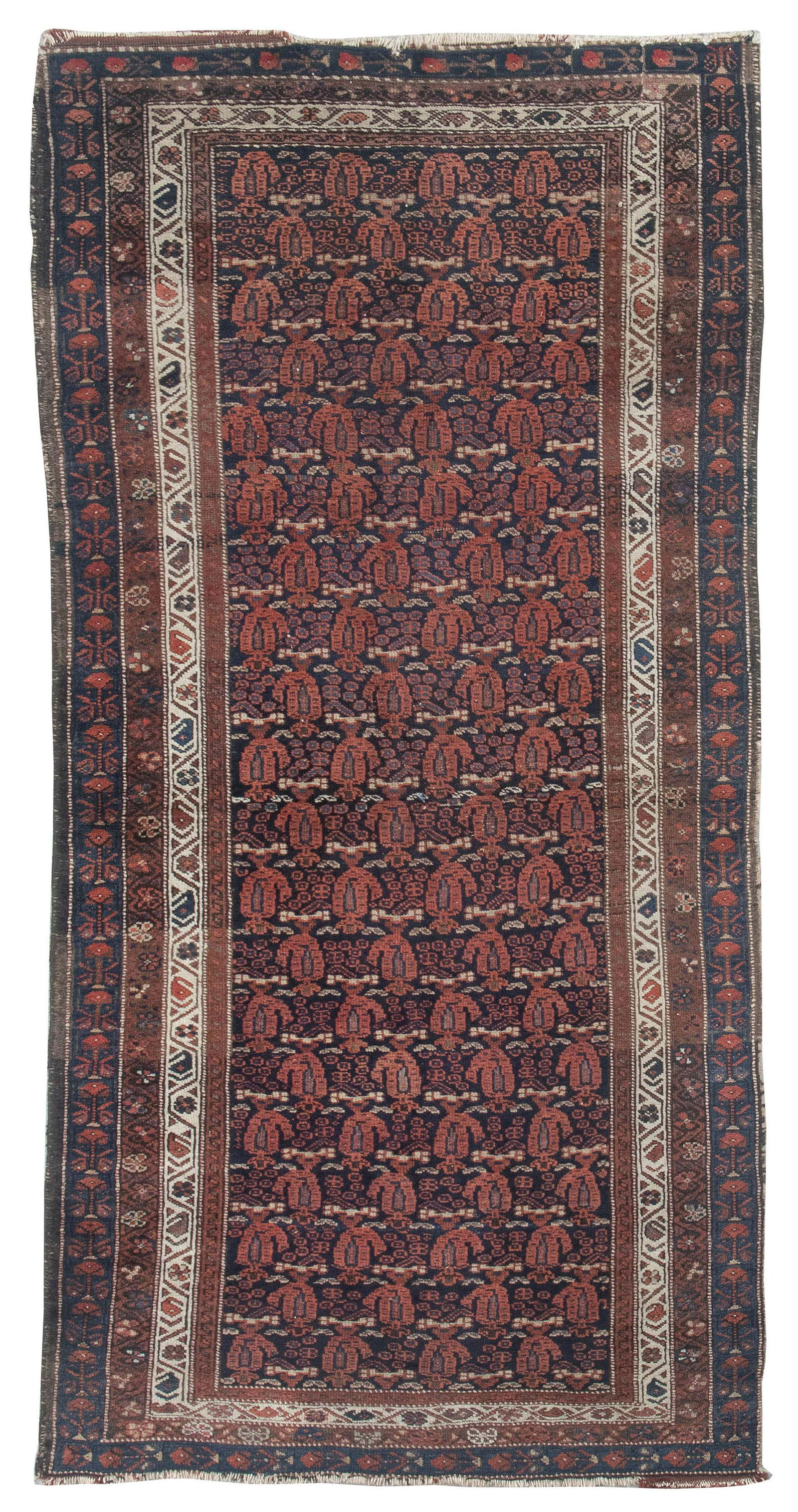 HAMADAN RUG: 3’8” X 6’7” Early 20th Century: HAMADAN RUG: 3â€™8” X 6â€™7”Early 20th CenturyRed, blue, brown and ivory boteh cover a navy blue field in diagonal rows. Rust red, ivory and navy blue borders.
