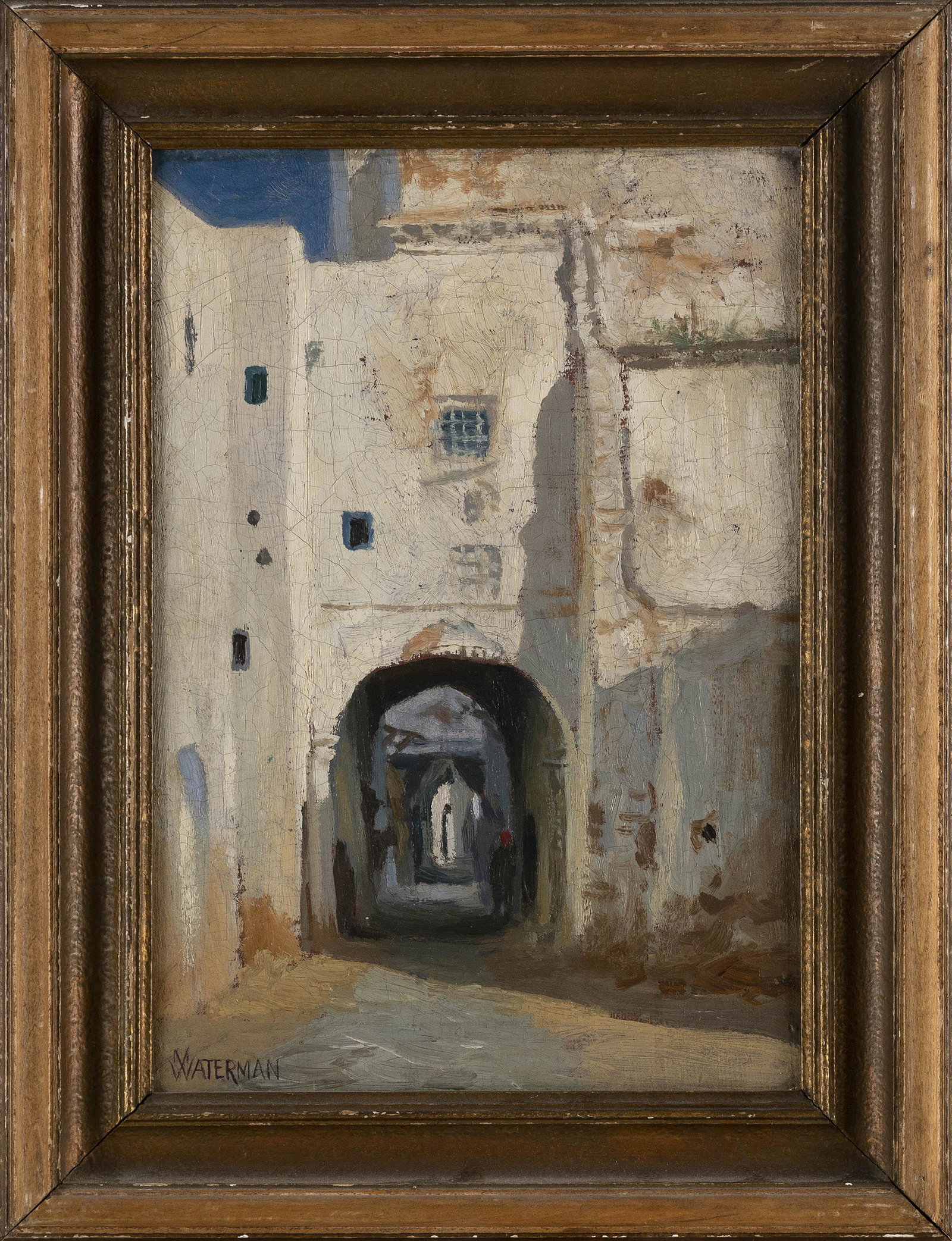 MARCUS A. (MARK) WATERMAN (Massachusetts/Rhode Island, 1834-1914), "Algerian Street"., Oil on board,: MARCUS A. (MARK) WATERMAN Massachusetts/Rhode Island, 1834-1914 "Algerian Street". Signed lower left "M. Waterman". Titled on Providence Art Club label verso. Oil on board, 13" x 9". Framed 16.5" x 12