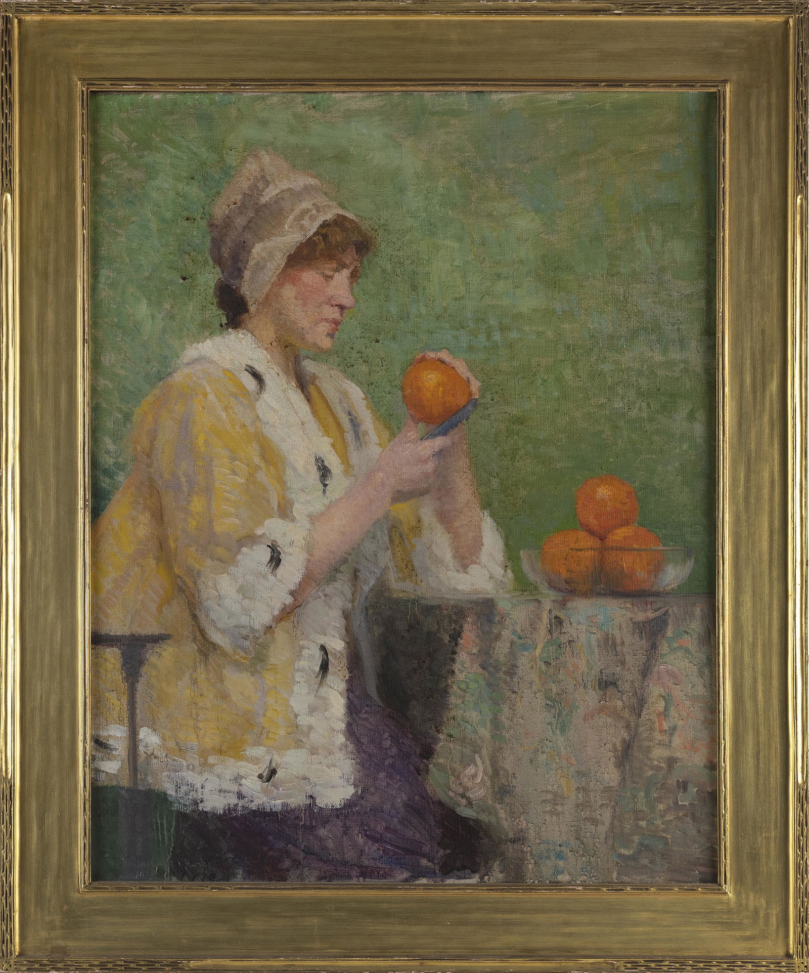 MANNER OF GEORGE HITCHCOCK (Rhode Island/France/Holland, 1850-1913), A woman peeling oranges., Oil: MANNER OF GEORGE HITCHCOCKRhode Island/France/Holland, 1850-1913A woman peeling oranges. Unsigned. New York framer's label verso.Oil on canvas, 30" x 24". Framed 36.5" x 30.5".
