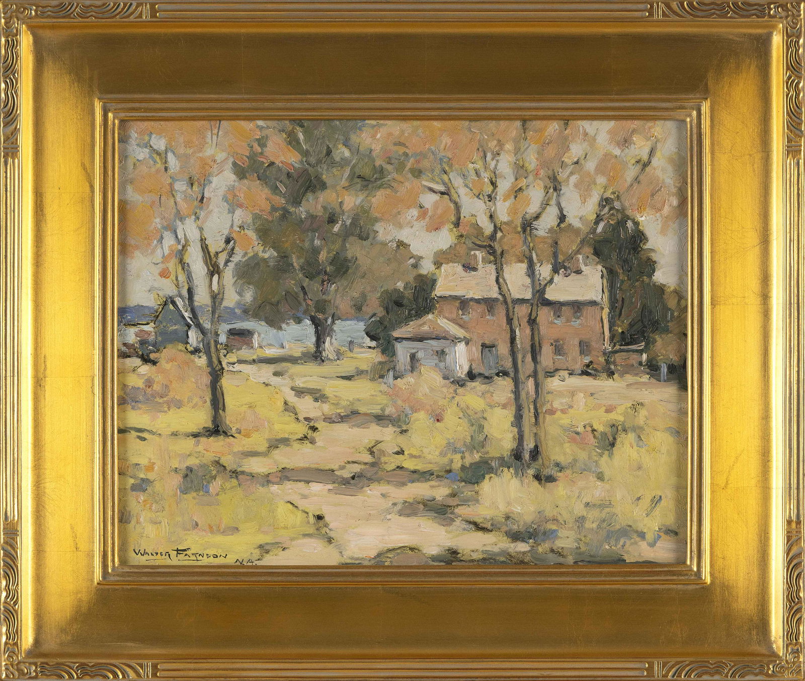 WALTER FARNDON (New York, 1876-1964), Autumn scene with houses by the water., Oil on masonite, (1 of 2)