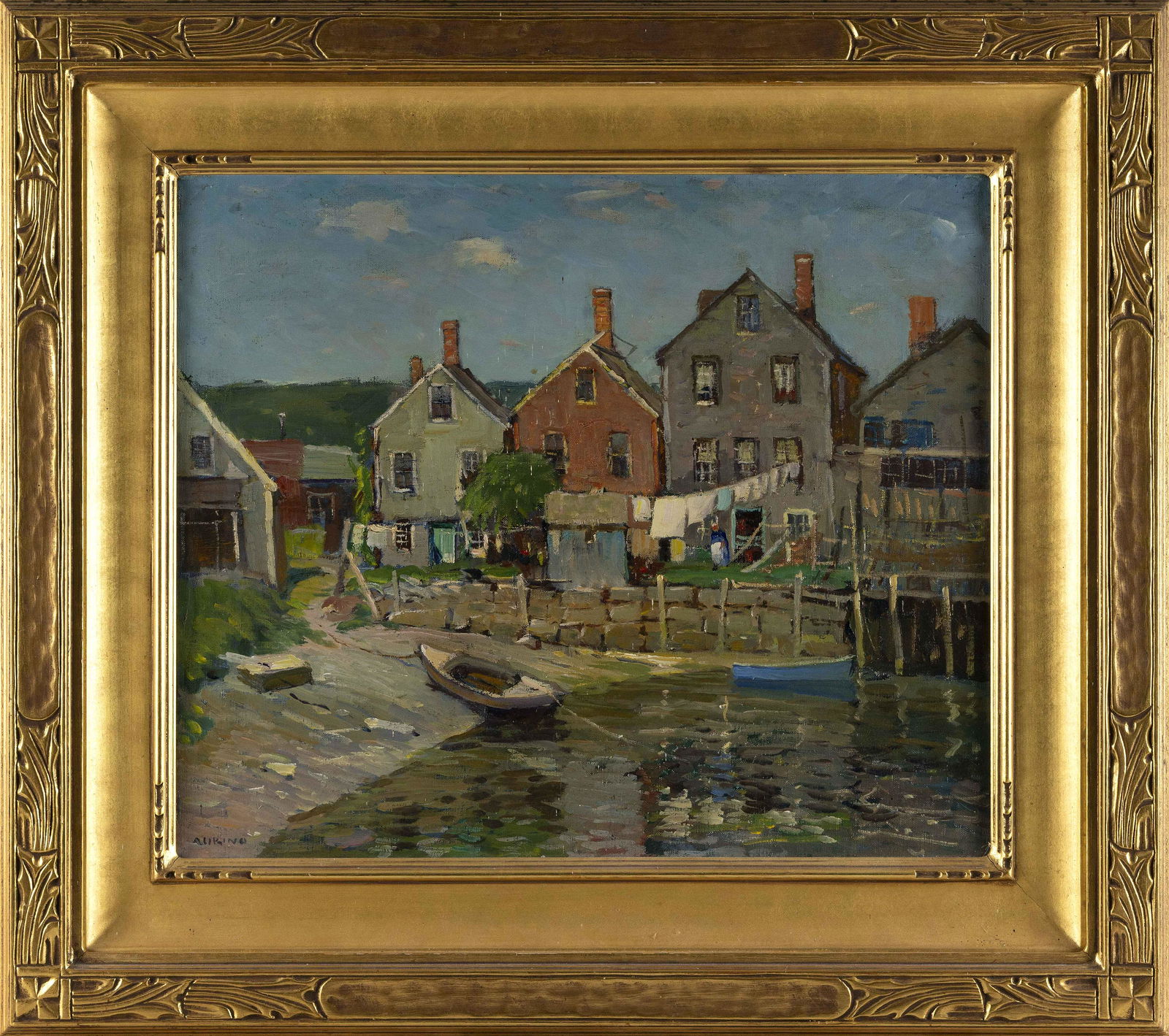 ANTONIO CIRINO (Rhode Island/Italy, 1889-1983), Houses on the waterfront., Oil on canvas, 20" x 24". (1 of 2)