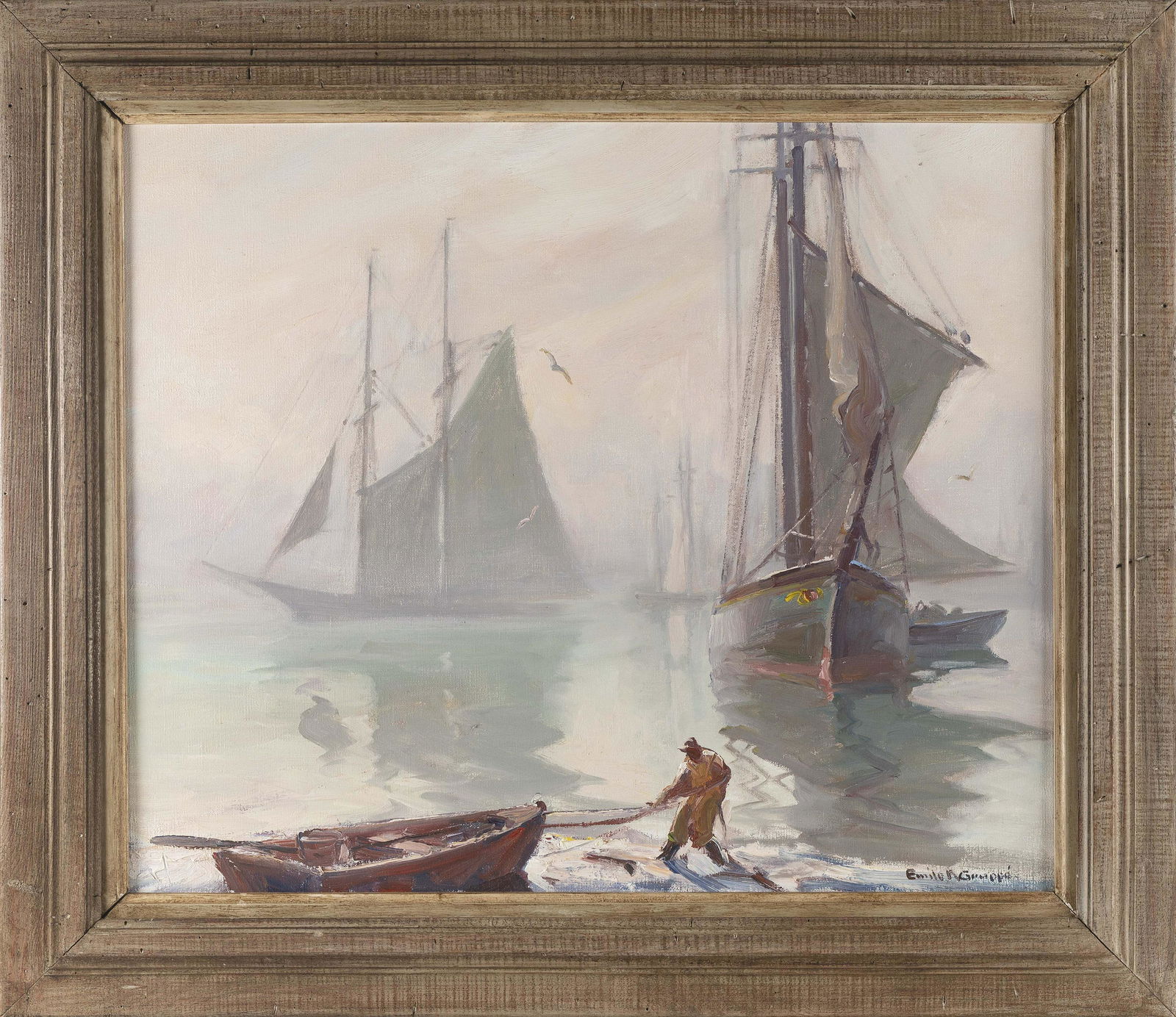 EMILE ALBERT GRUPPE (Massachusetts, 1896-1978), "Drying the Sails"., Oil on canvas, 25" x 30". (1 of 2)