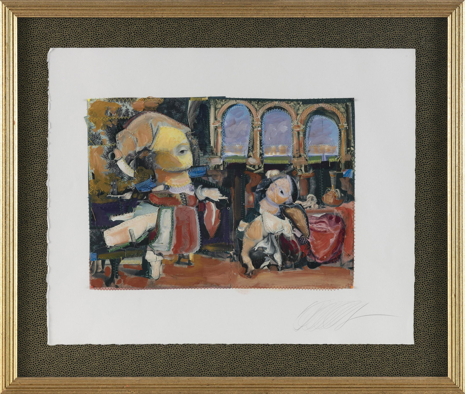 MICHAEL MADZO (Minnesota, 1950-), Interior scene., Collage on paper, 16" x 20" sight. Framed 21.5" x (1 of 2)